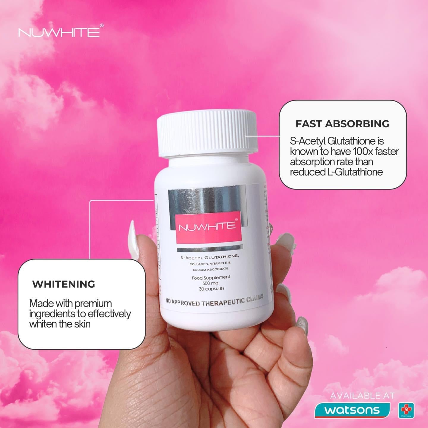 NUWHITE S-Acetyl Glutathione with Marine Collagen Sodium Ascorbate and Vitamin E Food Supplement 30 Caps