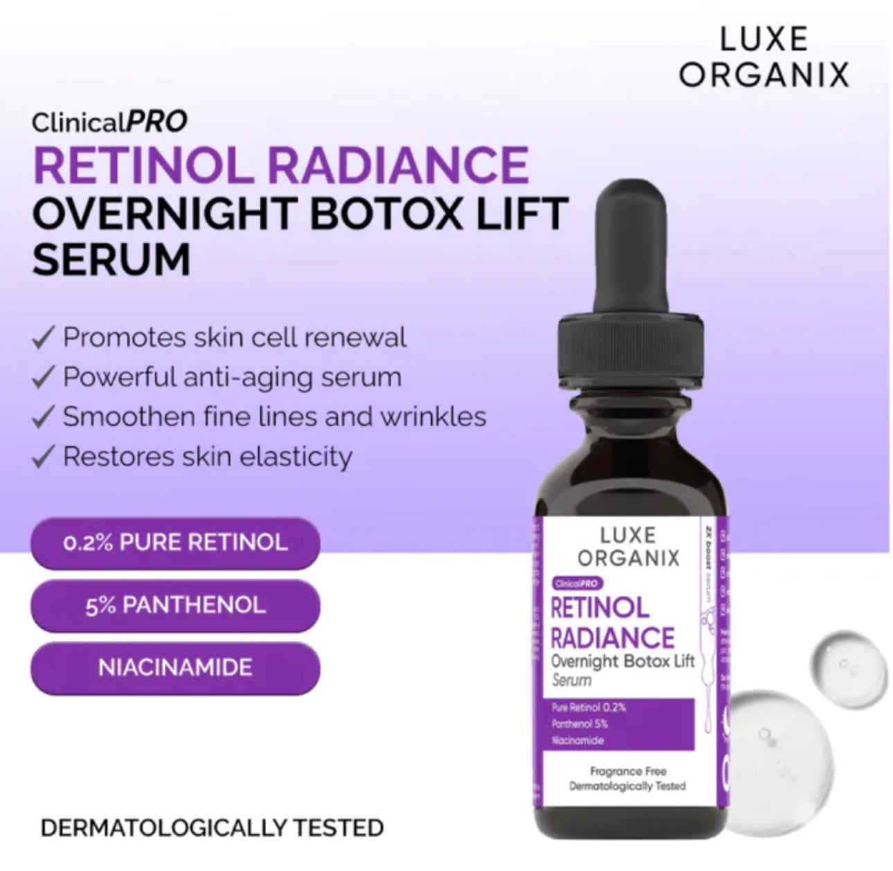 Luxe Organix Retinol Radiance Overnight Botox Lift Serum (Choose a Size)