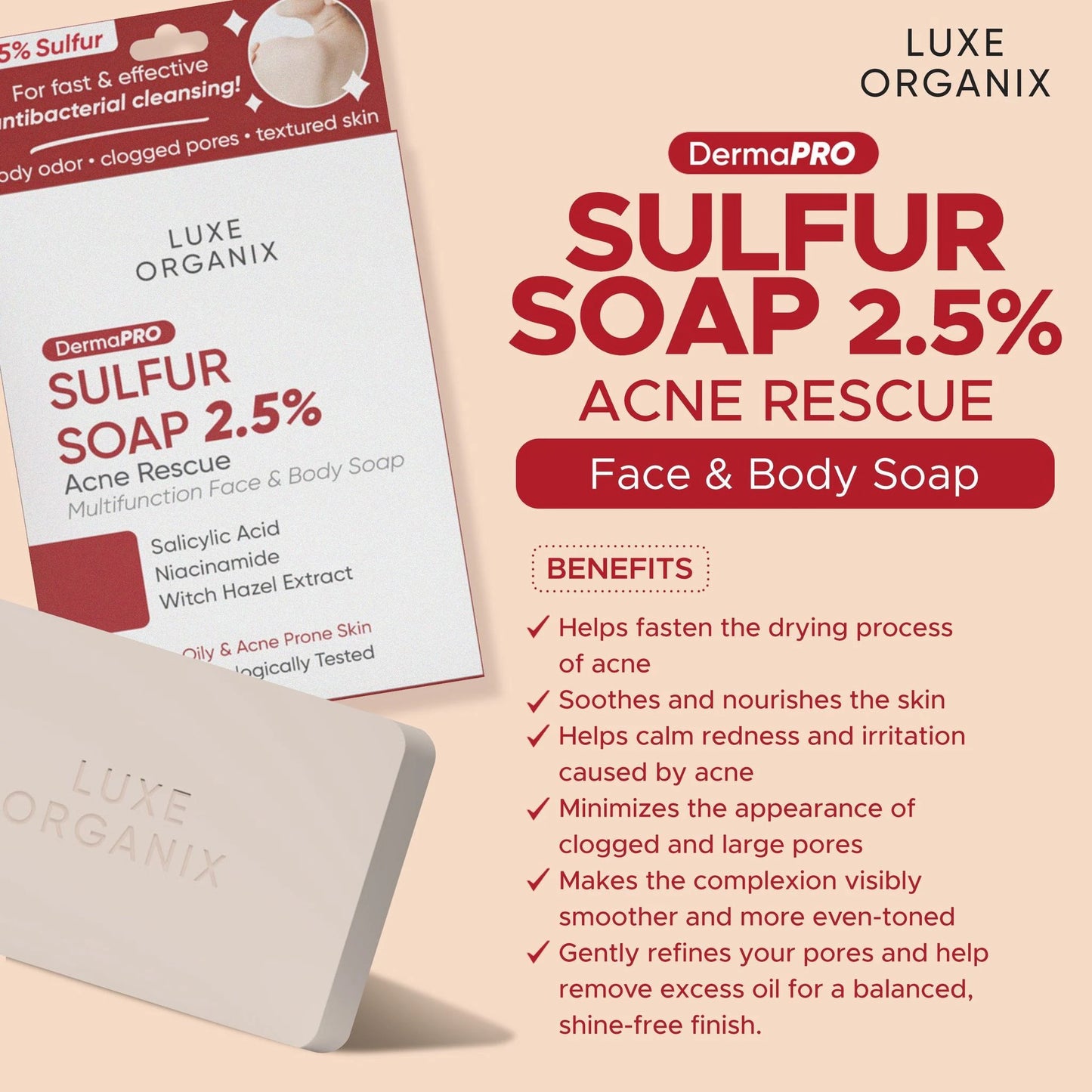 Luxe Organix Dermapro Sulfur Soap 2.5% Acne Rescue 80g
