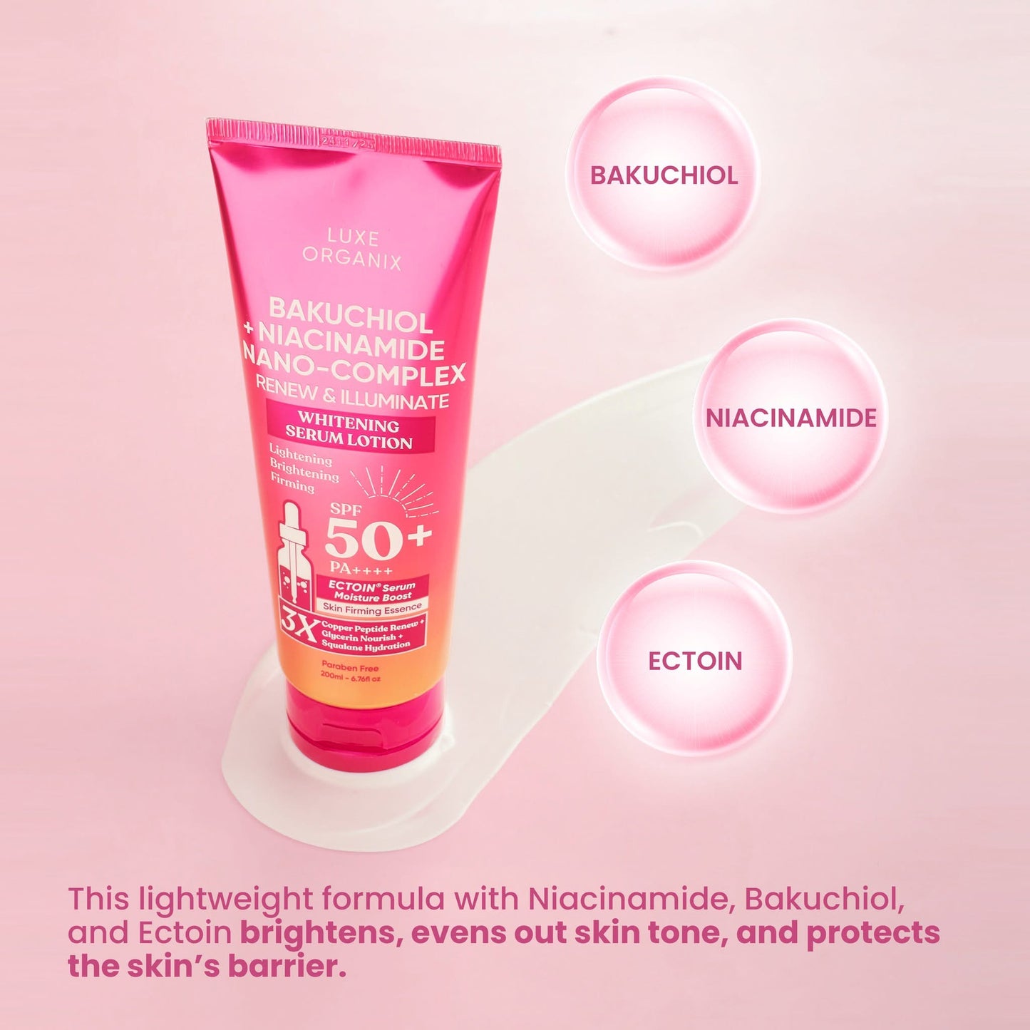 Luxe Organix Bakuchiol + Niacinamide Nano-complex Renew & Illuminate Whitening Serum Lotion SPF 50+ PA++++ 200ml