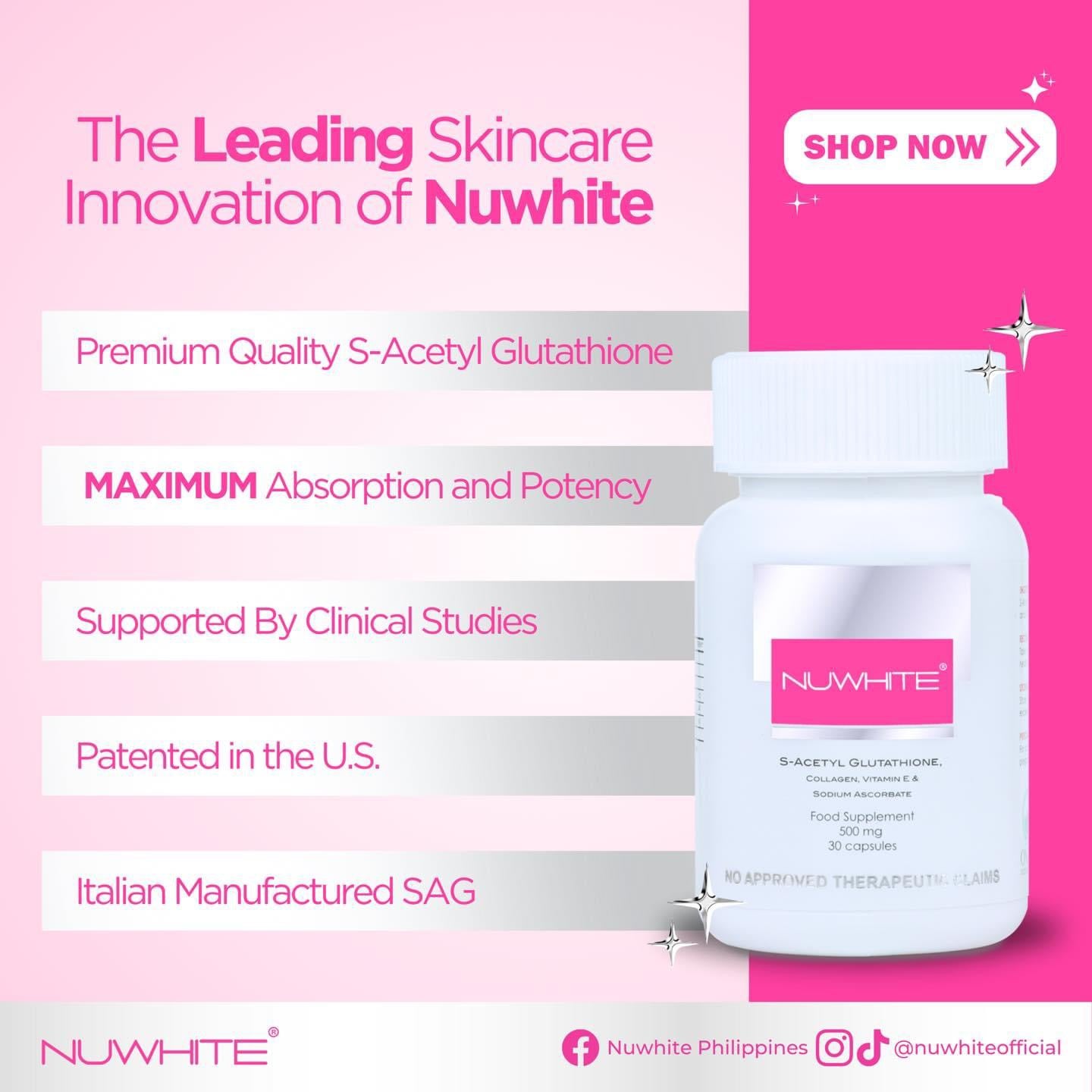 NUWHITE S-Acetyl Glutathione with Marine Collagen Sodium Ascorbate and Vitamin E Food Supplement 30 Caps