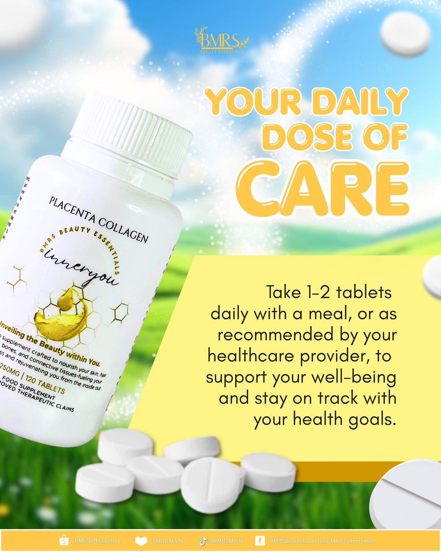 BMRS Beauty Essentials Inner You Placenta Collagen Food Supplement 250mg (120 Tablets)