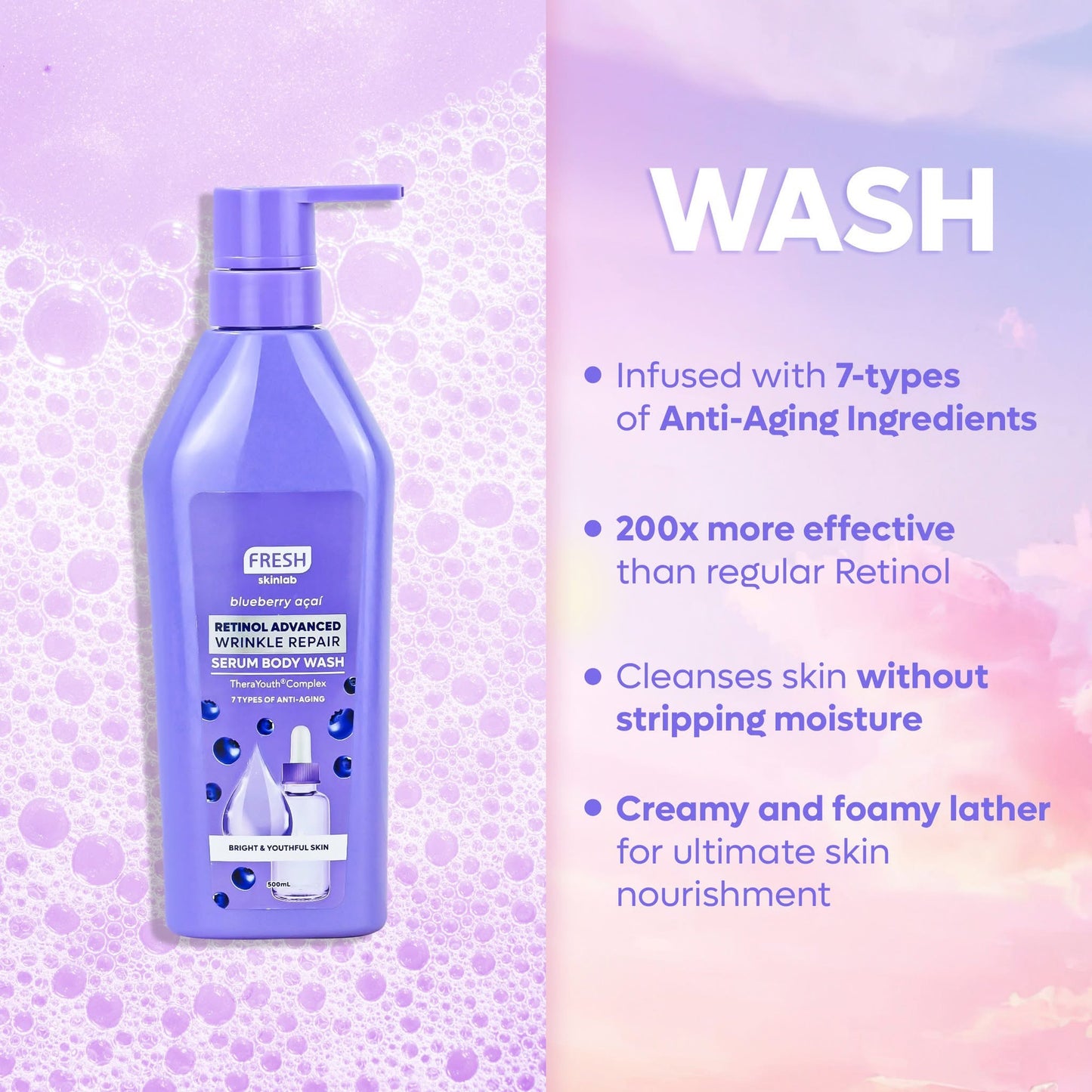 Fresh Skinlab Blueberry Acai Retinol Advanced Wrinkle Repair Serum Bodywash 500ml
