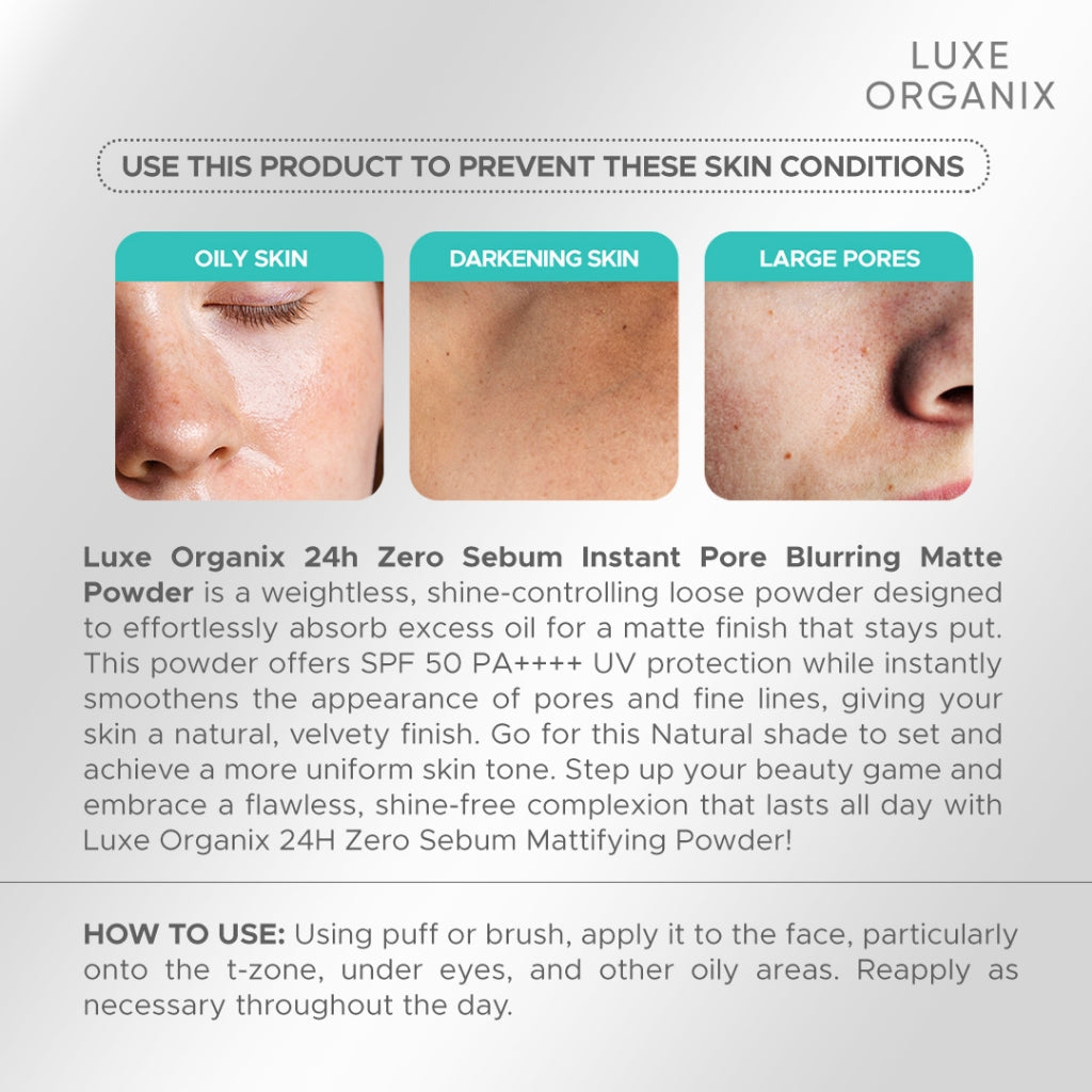 Luxe Organix 24H Zero Sebum Instant Pore Blurring Weightless Matte Powder SPF50 PA++++ Natural 15g