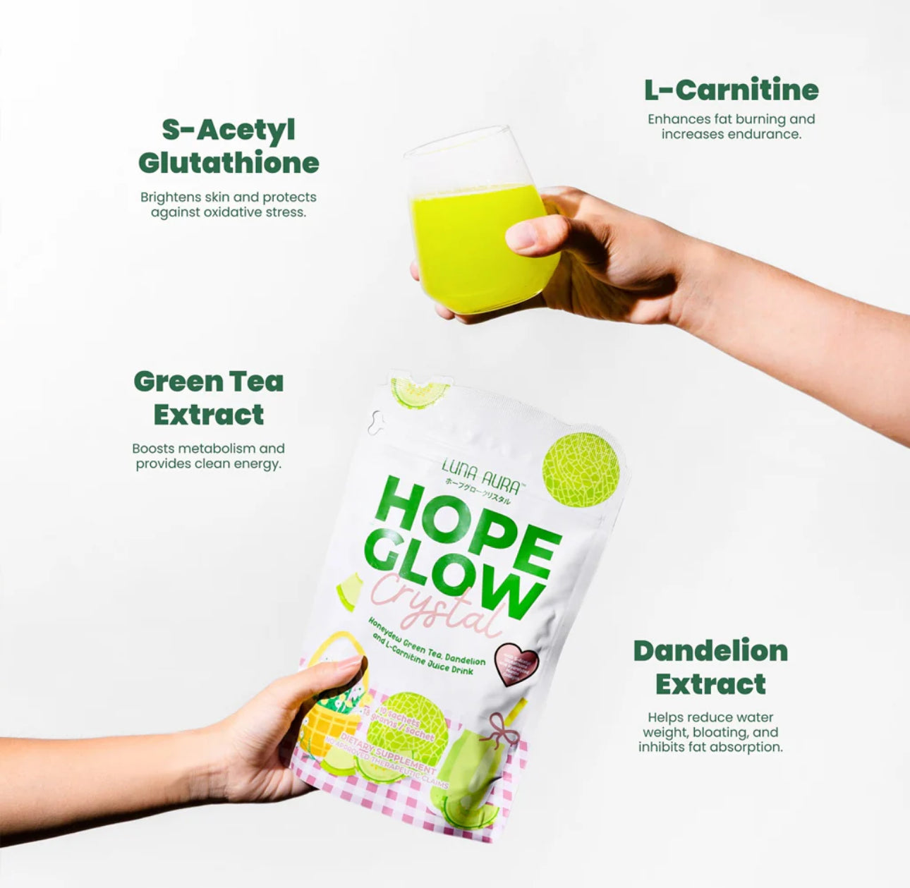 Luna Aura Hope Glow Crystal Honeydew Green Tea, Dandelion & L-Carnitine Juice Drink 10s