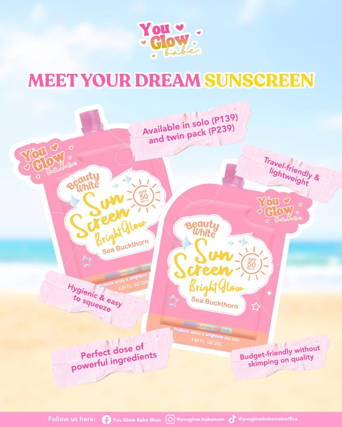 You Glow Babe Beauty White Sunscreen Bright Glow SPF 50 PA+++ - (Choose a Variant)