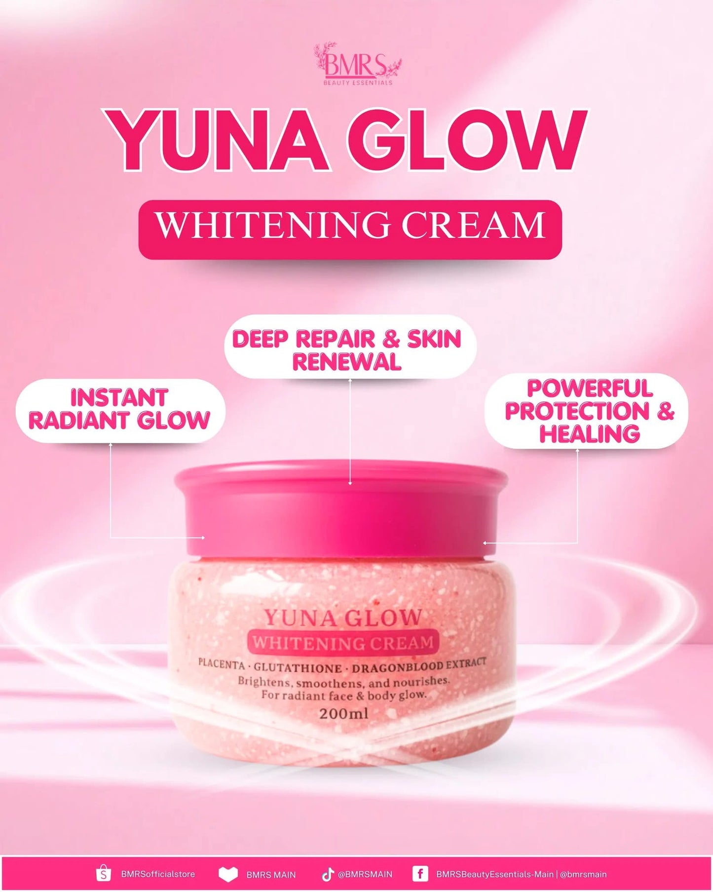 BMRS Yuna Glow Whitening Cream
With Placenta, Glutathione, & Dragon Blood Extract 200ml