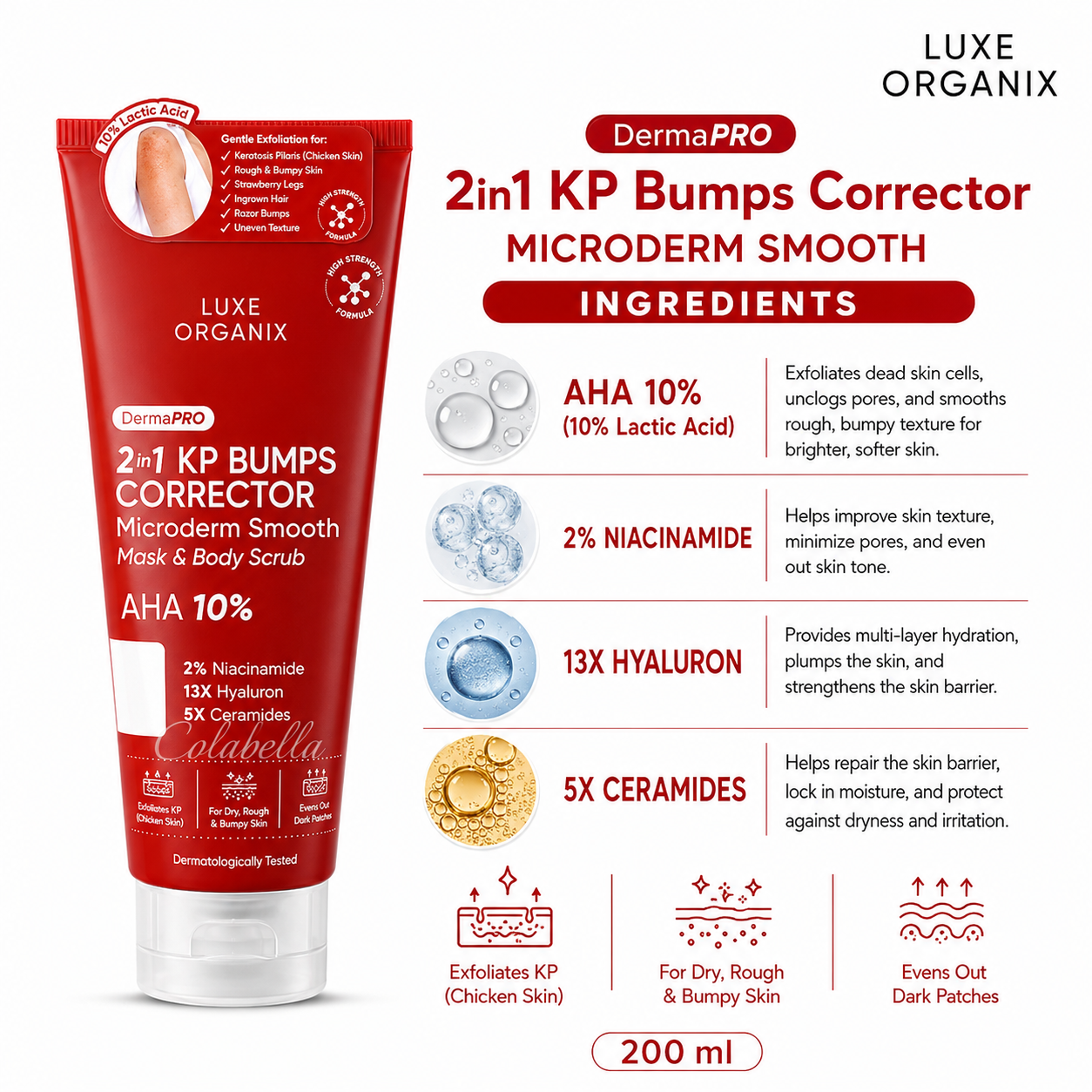 Luxe Organix DermaPRO 2in1 KP Bumps Corrector Microderm Smooth Mask & Body Scrub 200ml