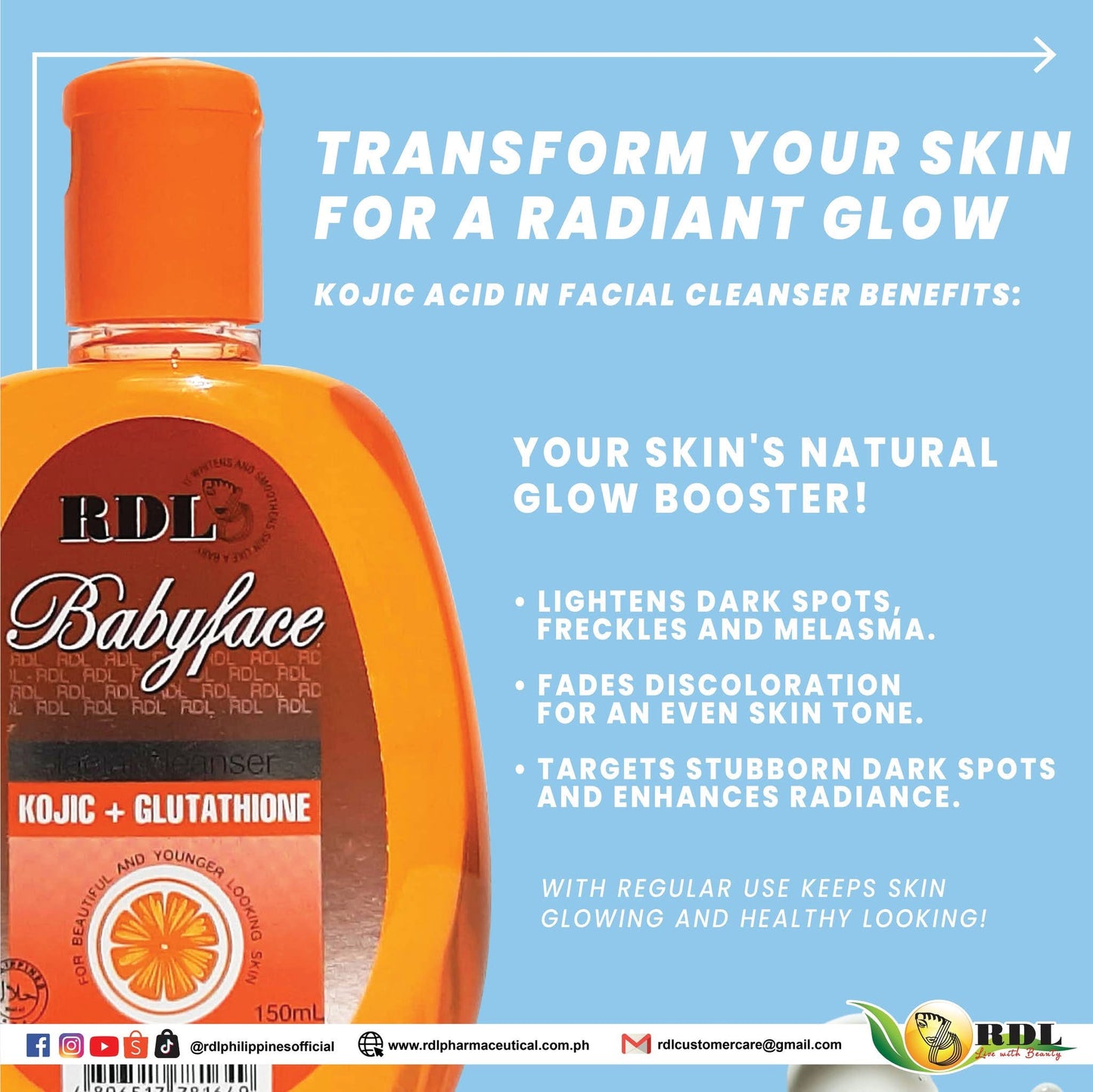 RDL Babyface Kojic + Glutathione Facial Cleanser 250ml