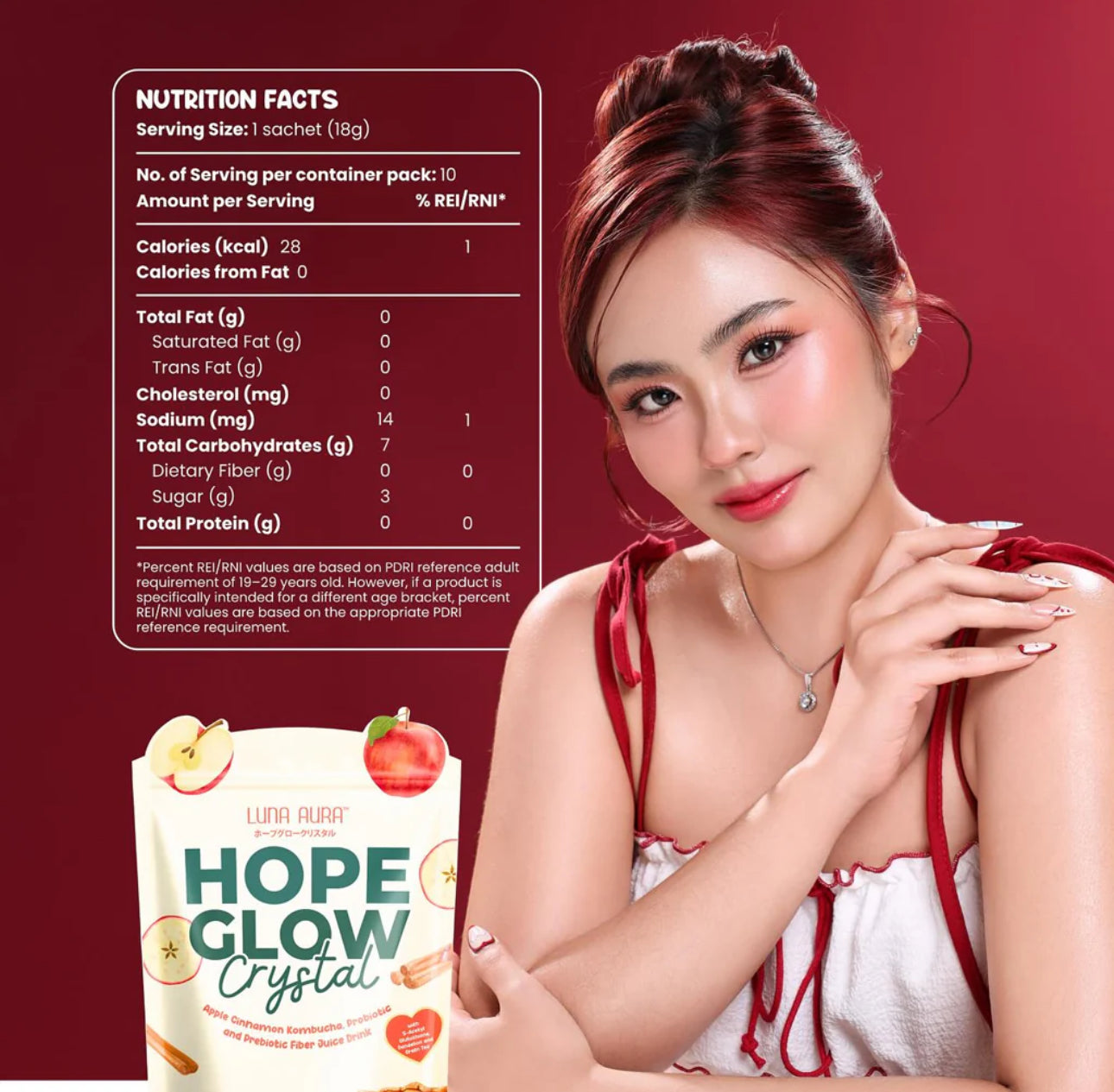 Luna Aura Hope Glow Crystal Apple Cinnamon Kombucha, Probiotic and Prebiotic Fiber Juice Drink 10s