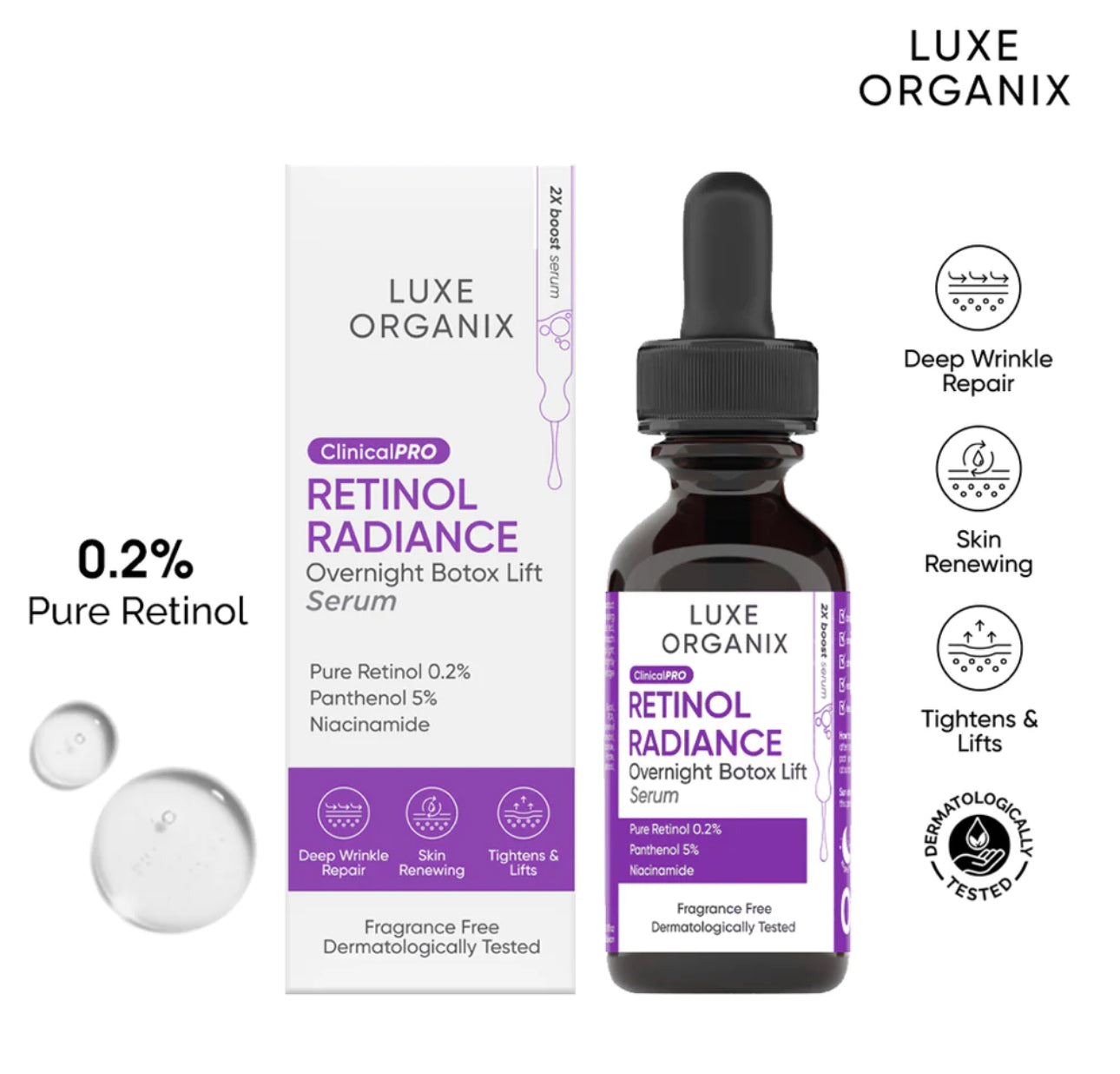 Luxe Organix Retinol Radiance Overnight Botox Lift Serum (Choose a Size)