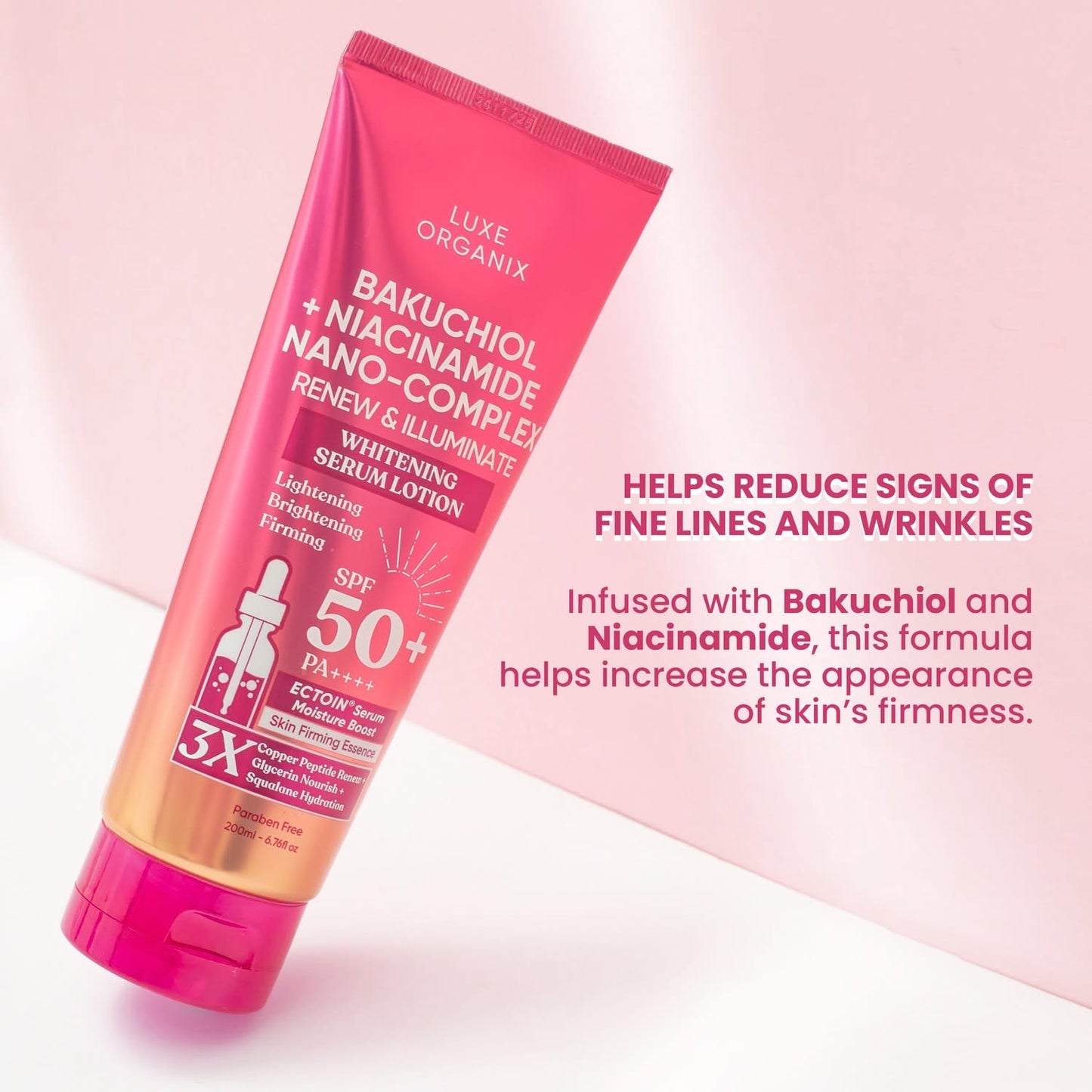 Luxe Organix Bakuchiol + Niacinamide Nano-complex Renew & Illuminate Whitening Serum Lotion SPF 50+ PA++++ 200ml