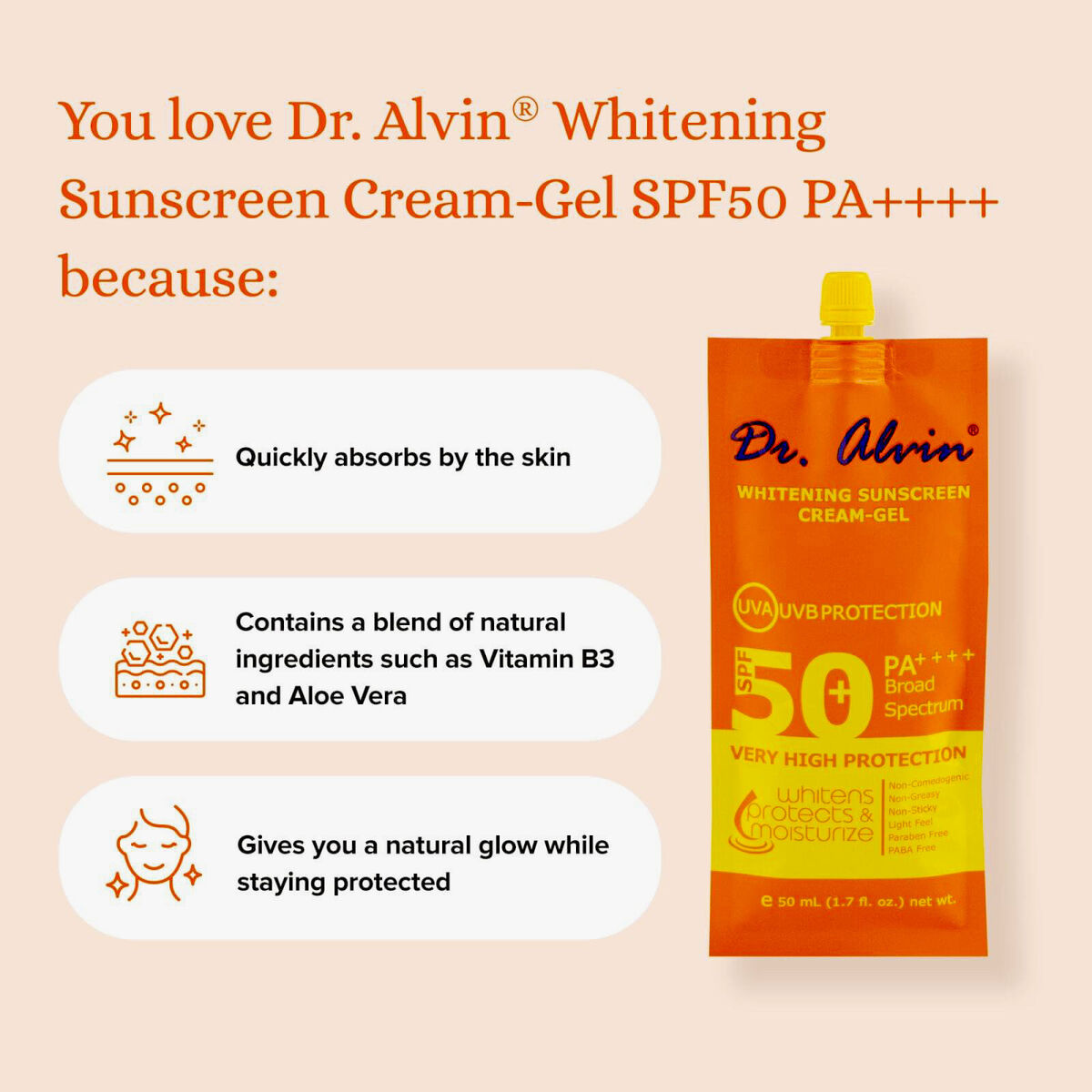 Dr. Alvin Whitening Sunscreen Creamgel SPF50++++ 50ml