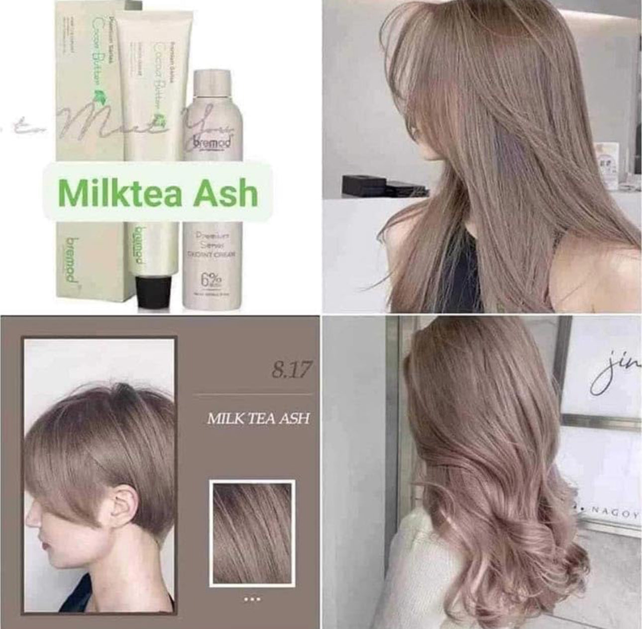 Bremod 8.17 Milk Tea Ash Hair Color Dye Cream 100ml & Oxidizer 9%