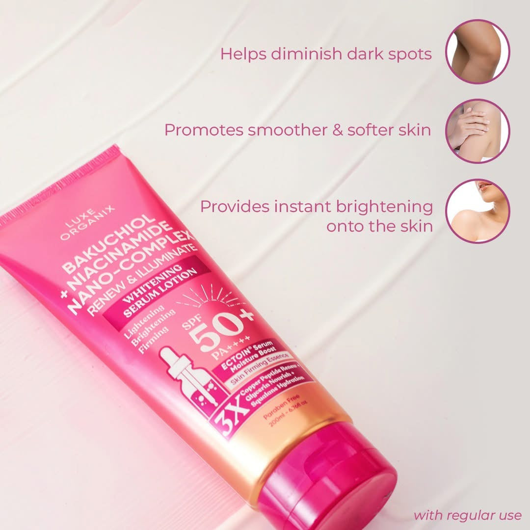 Luxe Organix Bakuchiol + Niacinamide Nano-complex Renew & Illuminate Whitening Serum Lotion SPF 50+ PA++++ 200ml