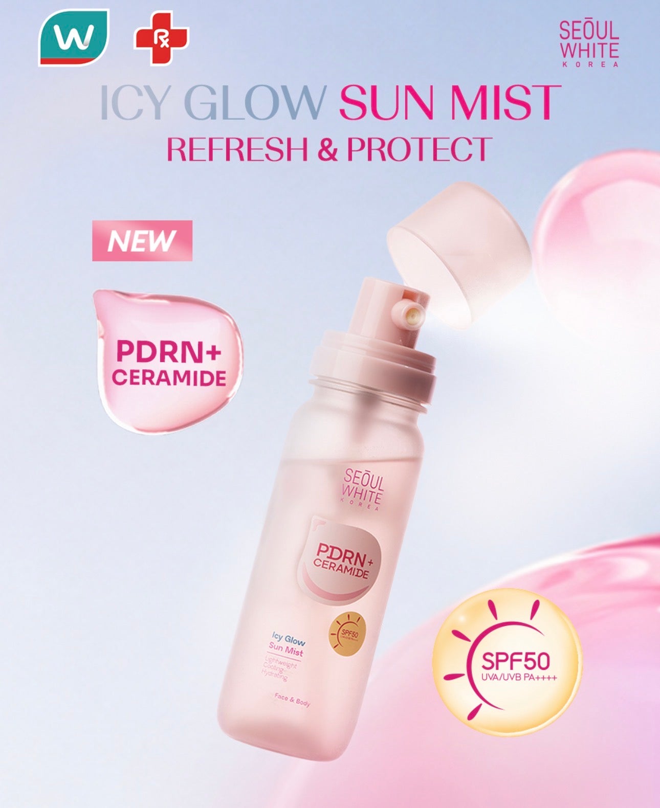 Seoul White Korea PDRN + Ceramide Icy Glow Sun Mist SPF50 85ml