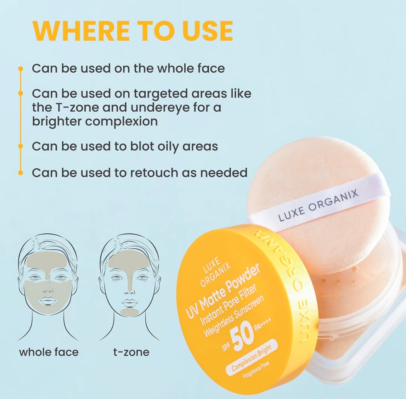 Luxe Organix UV Matte Powder Instant Pore Filter Weightless Sunscreen Complexion Bright 15g