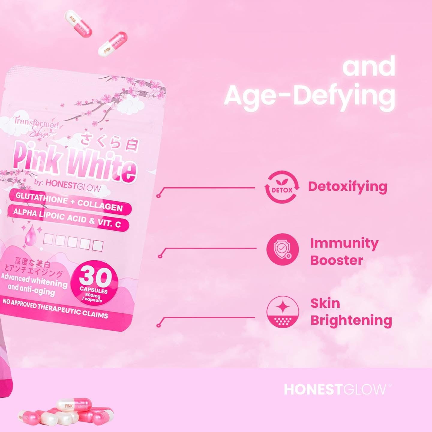 Honest Glow Pink White (Glutathione +  Collagen) by Transformed Skin 30caps