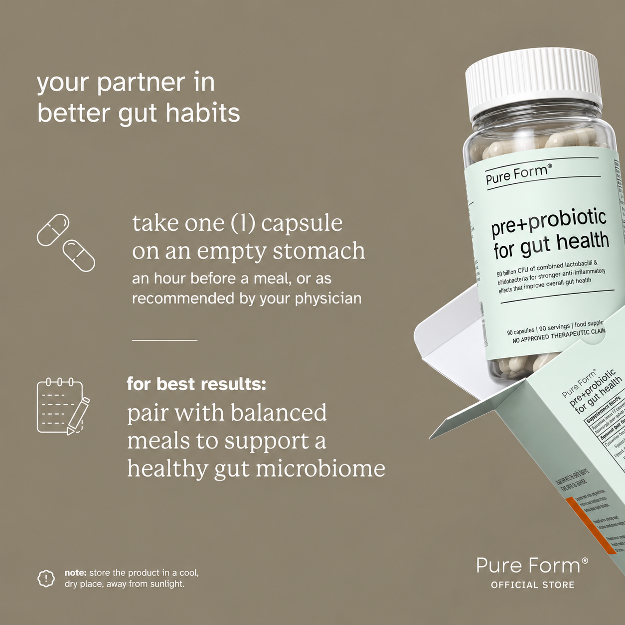 Pure Form Pre+Probiotic for Gut Health 90 Capsules
