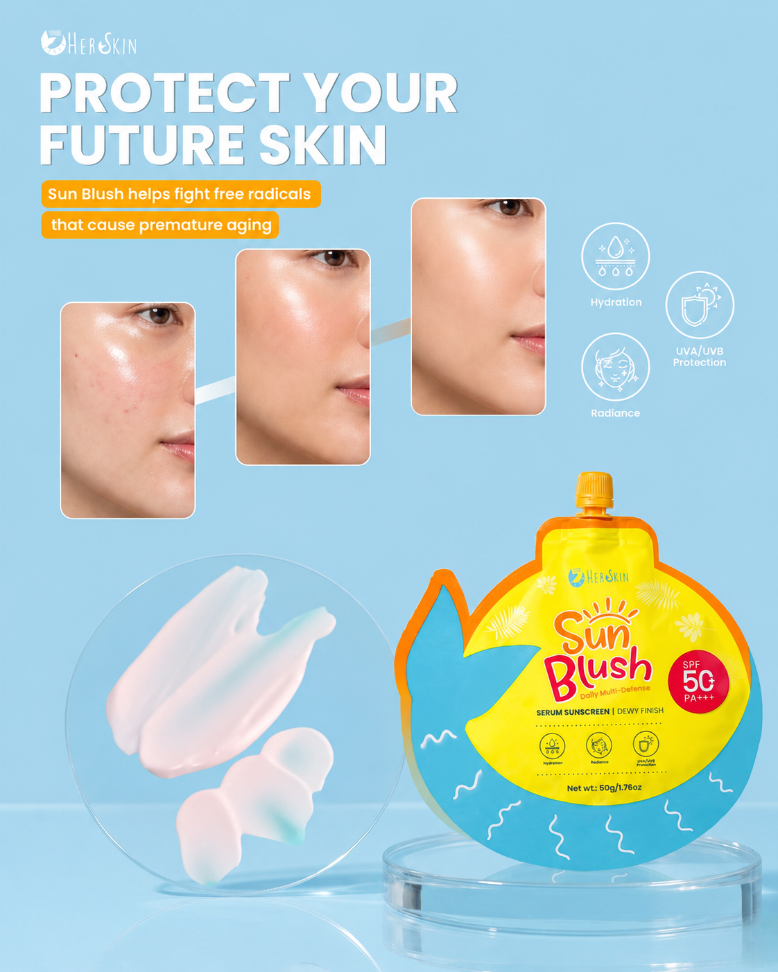 HerSkin Sun Blush Serum Sunscreen SPF50 PA+++ 50g