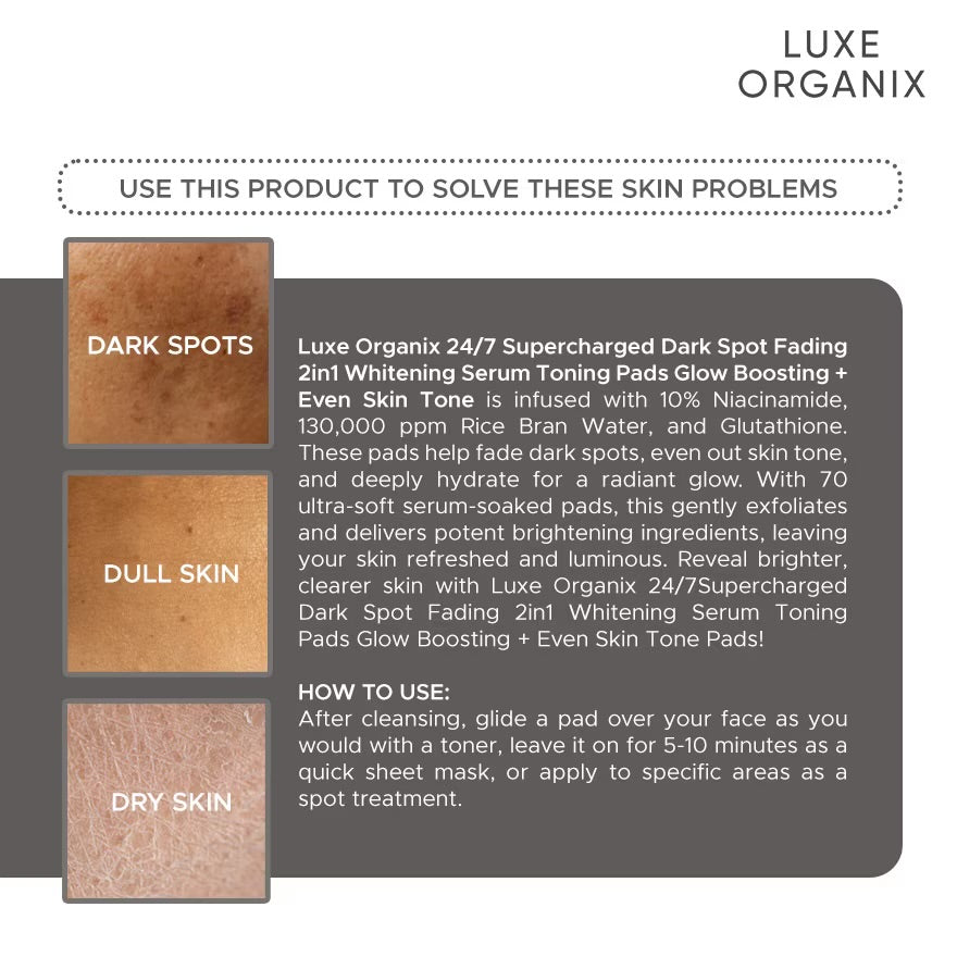 Luxe Organix 24/7 Supercharged Dark Spot Fading 2-in-1 Whitening Serum Concentrated Pads (Glow Boosting + Even Skin Tone)