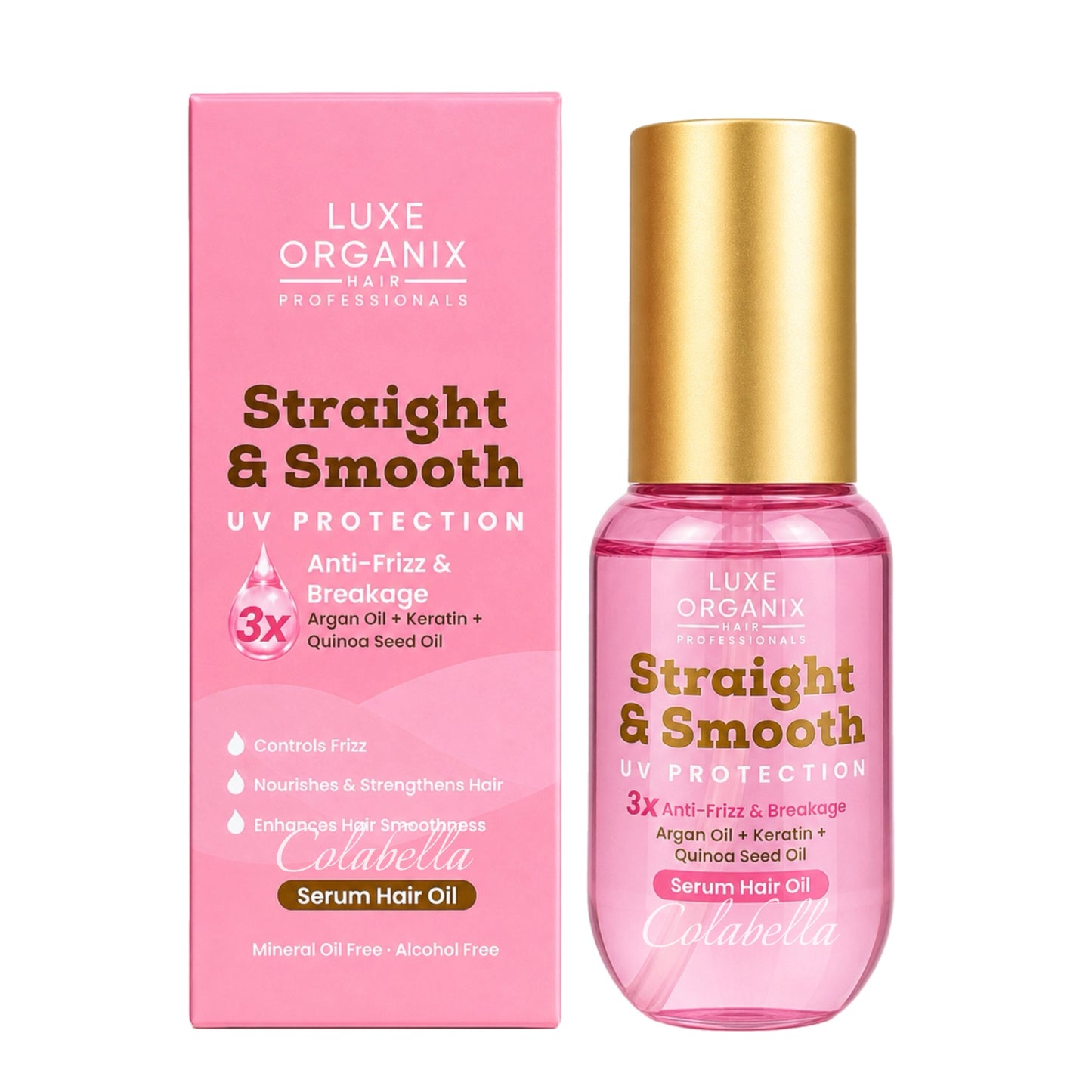 Luxe Organix Straight & Smooth UV Protection 3x Anti-Frizz Argan Oil + Keratin + Quinoa Seed Oil Serum Hair Oil 60ml