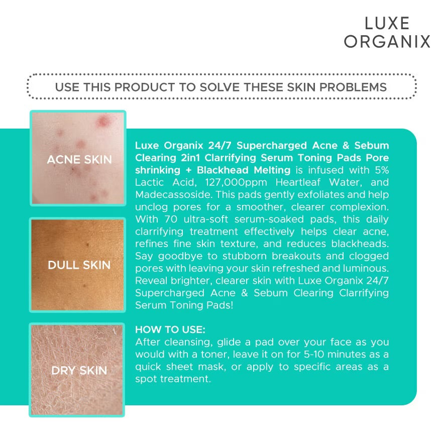 Luxe Organix 24/7 Supercharged Acne & Sebum Melting 2in1 Clarifying Serum Concentrated Pads
(Pore Shrinking + Blackhead Melting)
