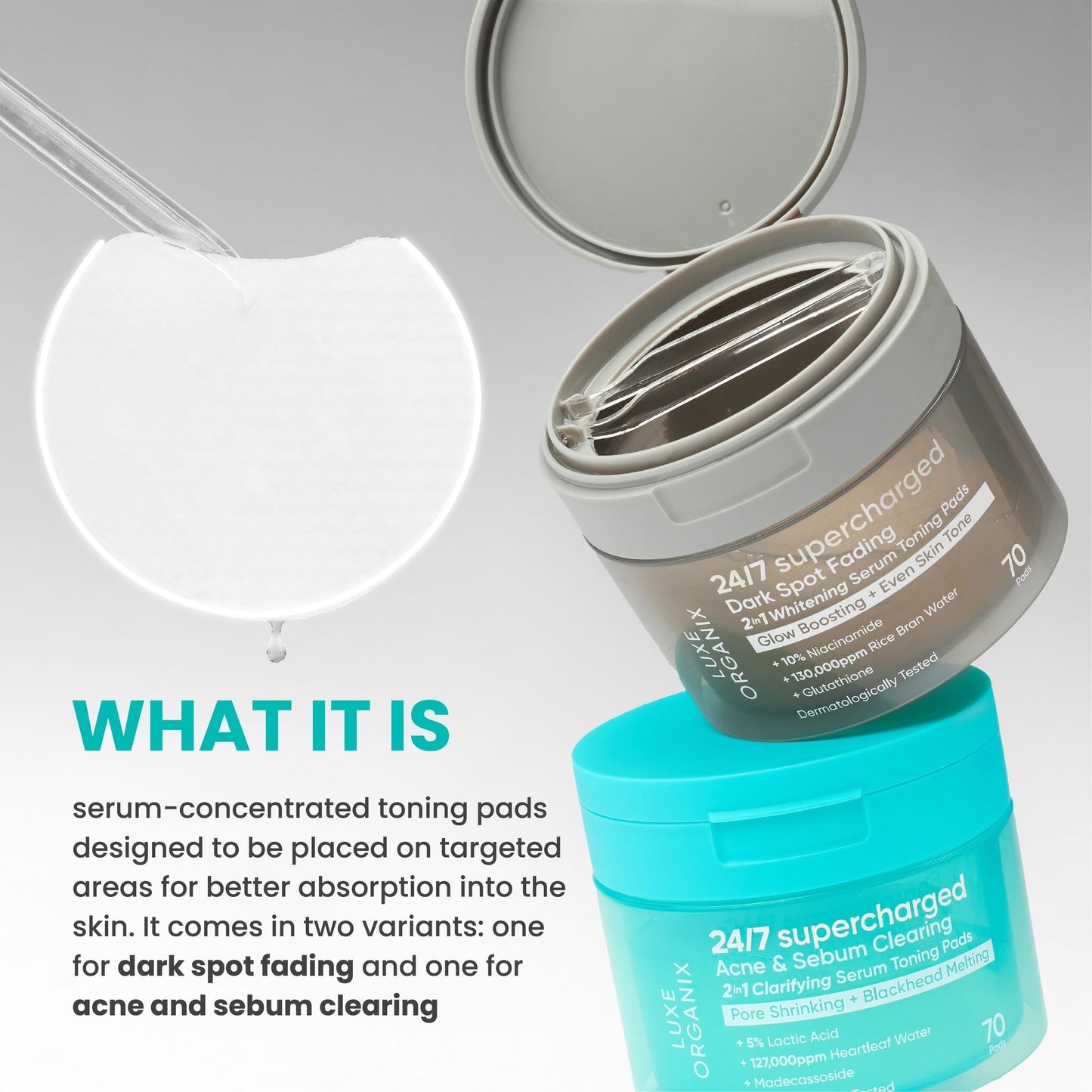 Luxe Organix 24/7 Supercharged Dark Spot Fading 2-in-1 Whitening Serum Concentrated Pads (Glow Boosting + Even Skin Tone)