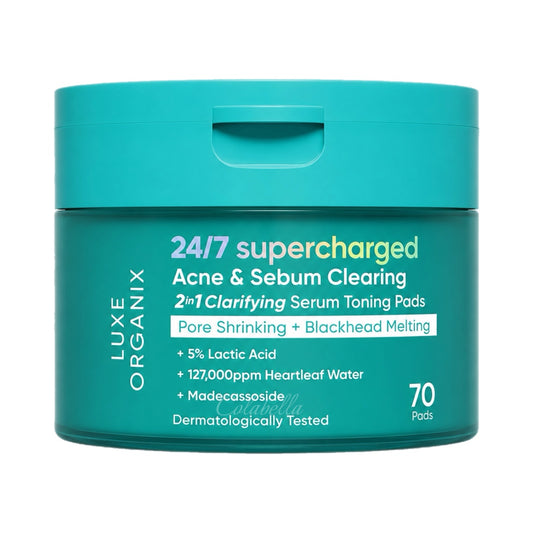 Luxe Organix 24/7 Supercharged Acne & Sebum Melting 2in1 Clarifying Serum Concentrated Pads
(Pore Shrinking + Blackhead Melting)