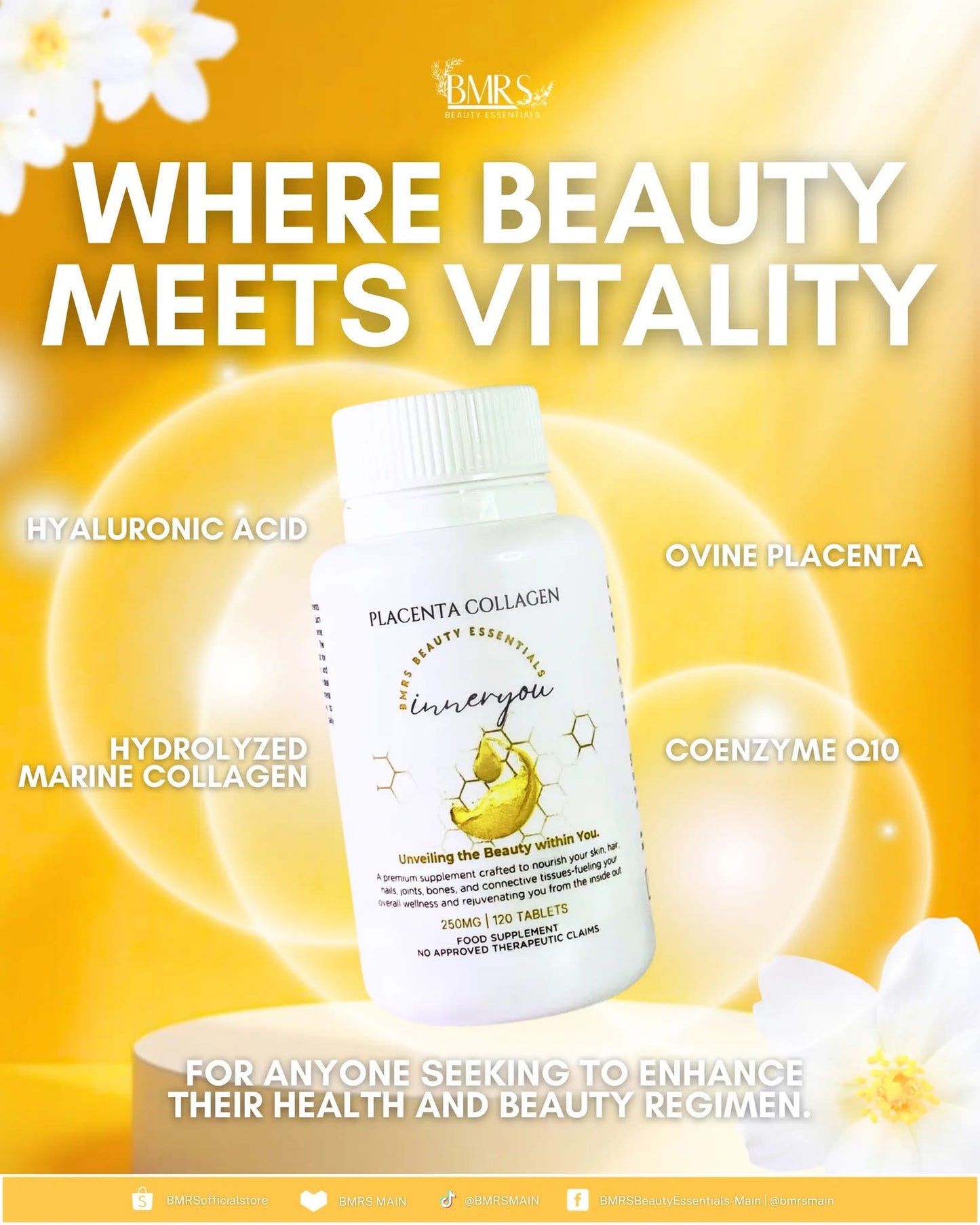 BMRS Beauty Essentials Inner You Placenta Collagen Food Supplement 250mg (120 Tablets)