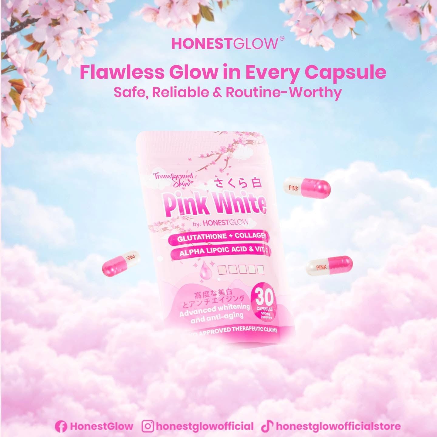 Honest Glow Pink White (Glutathione +  Collagen) by Transformed Skin 30caps