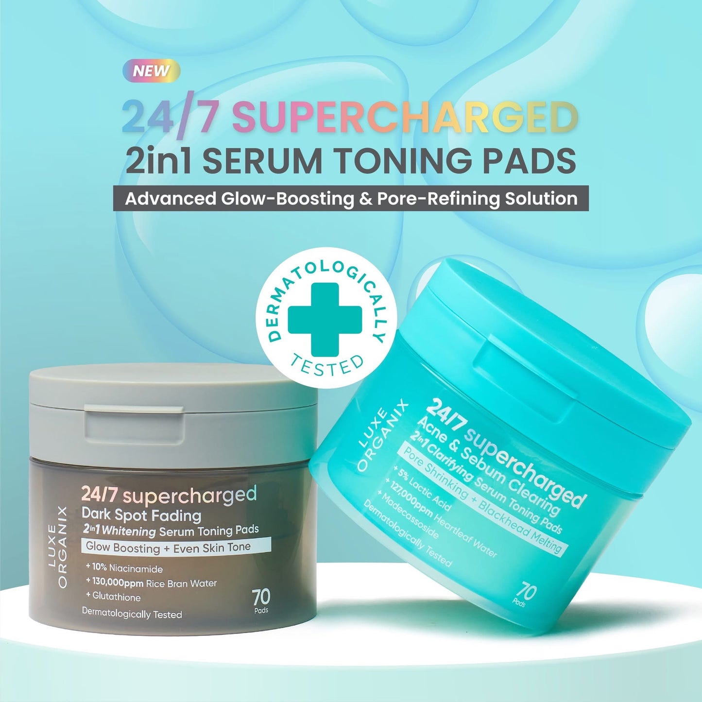 Luxe Organix 24/7 Supercharged Dark Spot Fading 2-in-1 Whitening Serum Concentrated Pads (Glow Boosting + Even Skin Tone)
