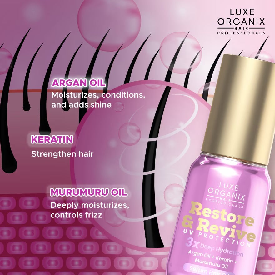 Luxe Organix Restore & Revive UV Protection 3X Deep Hydration Hair Oil Serum (Argan Oil + Keratin + Murumuru Oil) 60ml