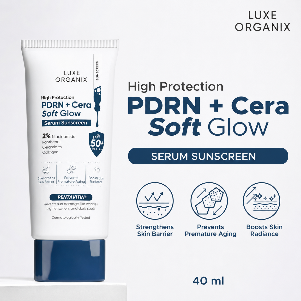 Luxe Organix High Protection Aqua PDRN Soft Glow Serum Sunscreen SPF50 PA+++ 40ml