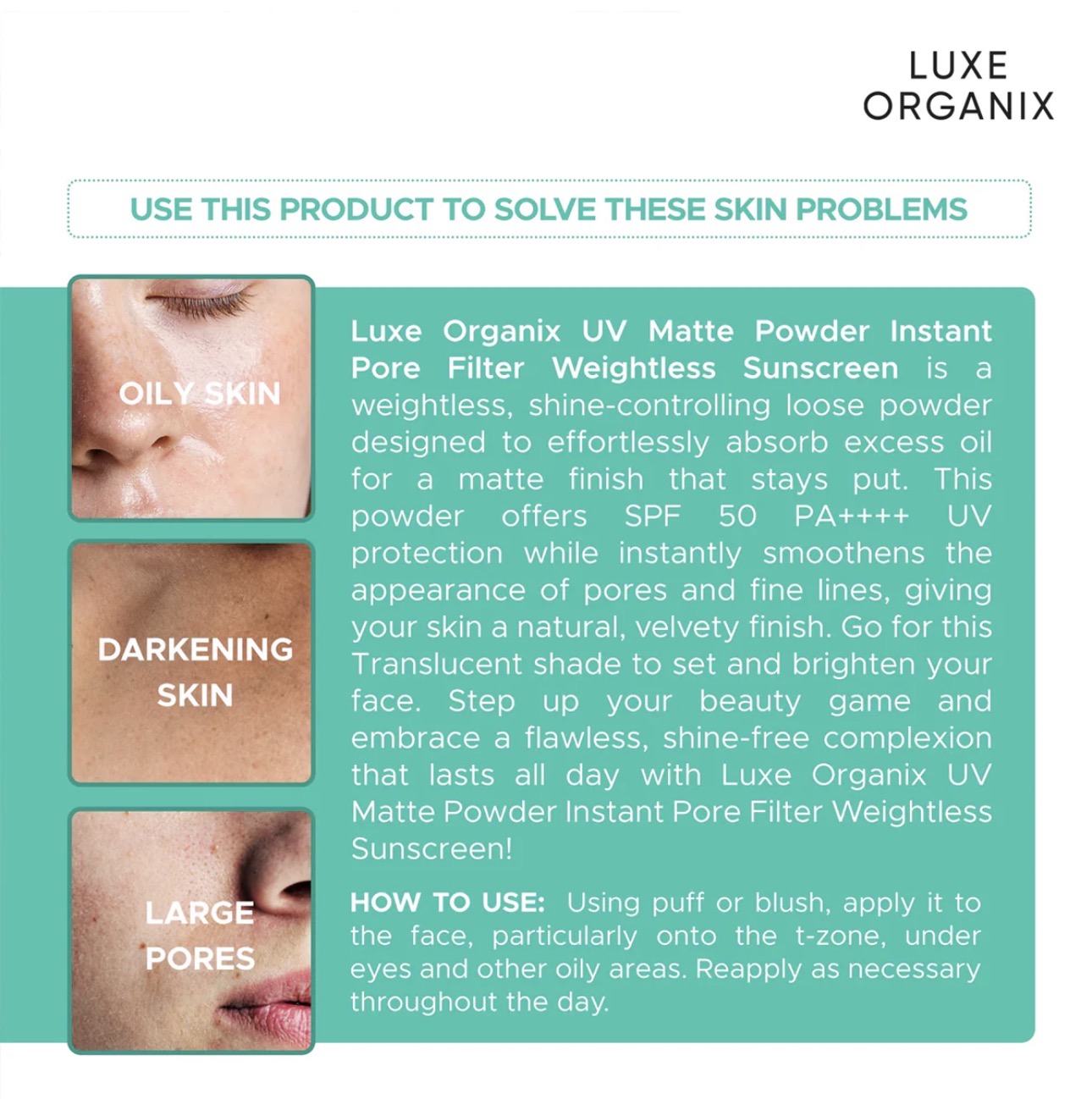 Luxe Organix 24H Zero Sebum Instant Pore Blurring Weightless Matte Powder SPF 50 PA++++ Translucent 15g