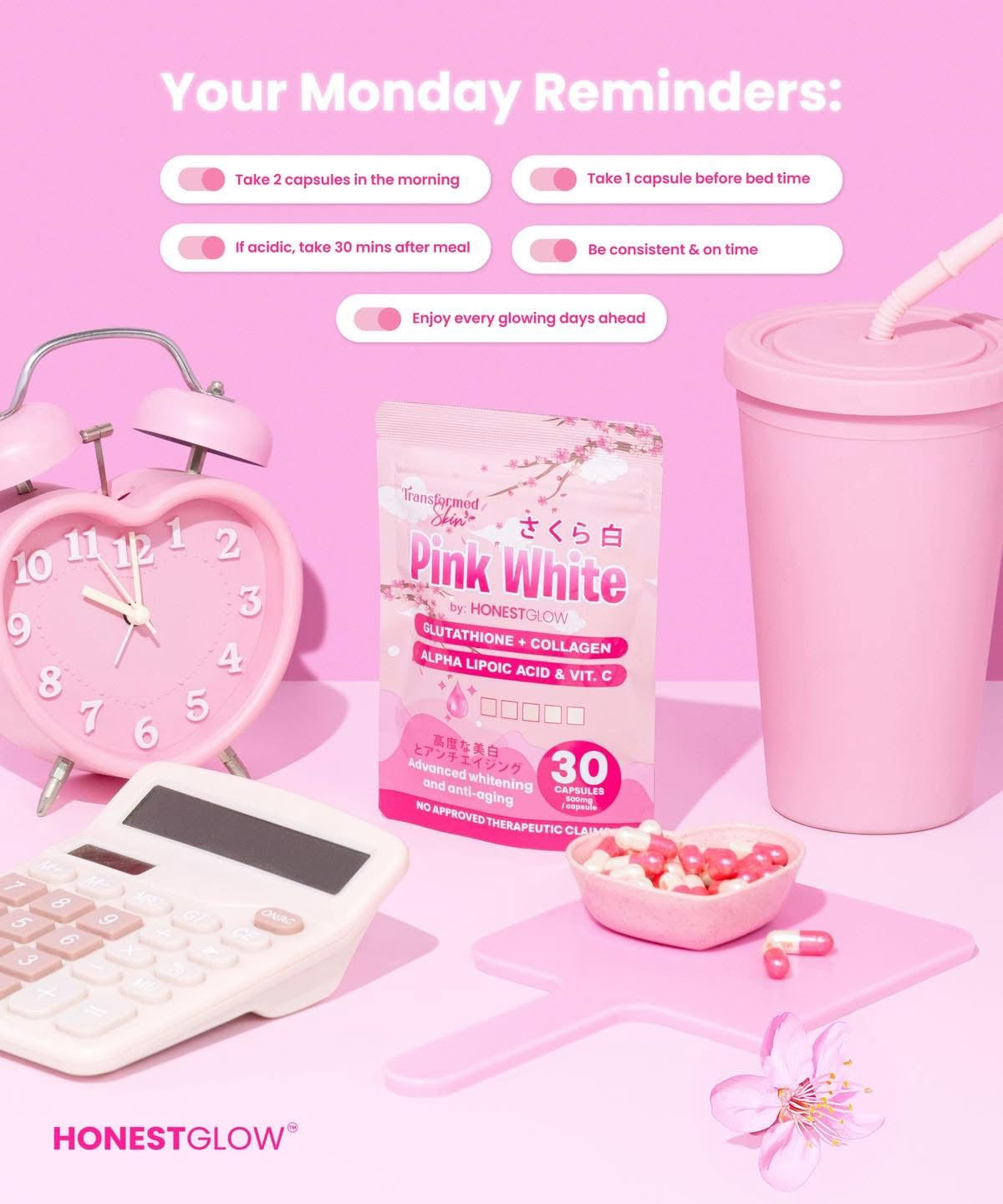 Honest Glow Pink White (Glutathione +  Collagen) by Transformed Skin 30caps