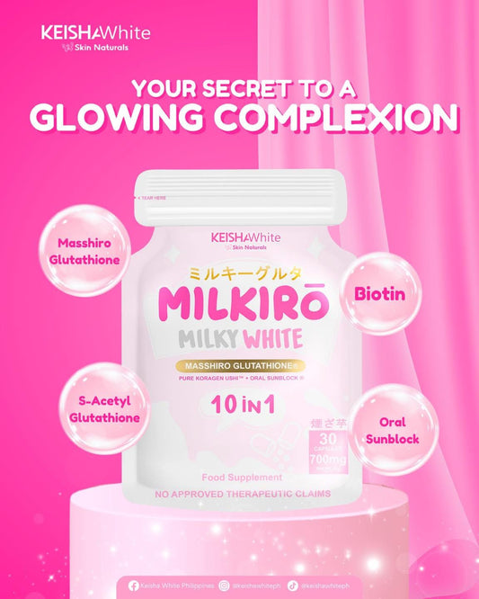 Keisha White Milkiro White 10in1 Glutathione Capsule Triple Power Whitening+ Collagen, Oral Sunblock, Vit. C 30caps
