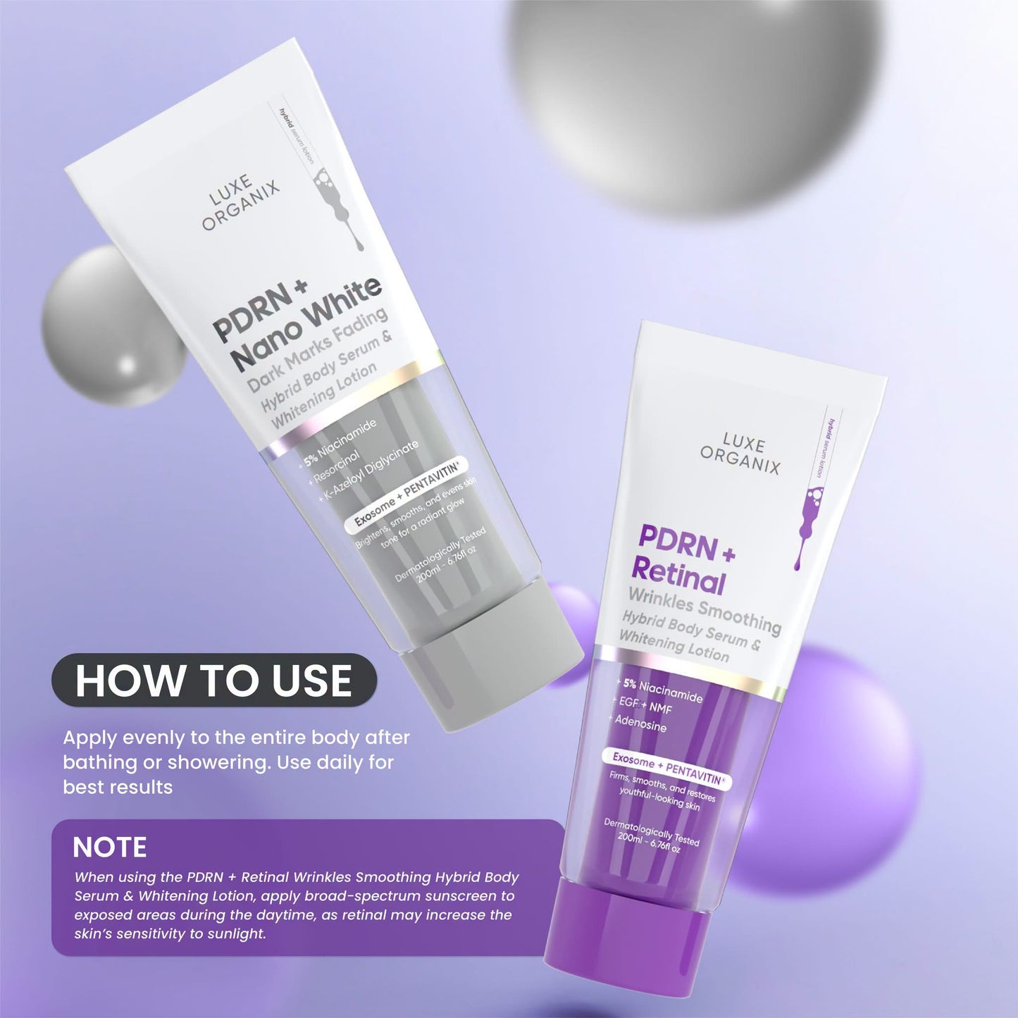 Luxe Organix PDRN + Retinal Wrinkles Smoothing Hybrid Body Serum & Whitening Lotion 200ml