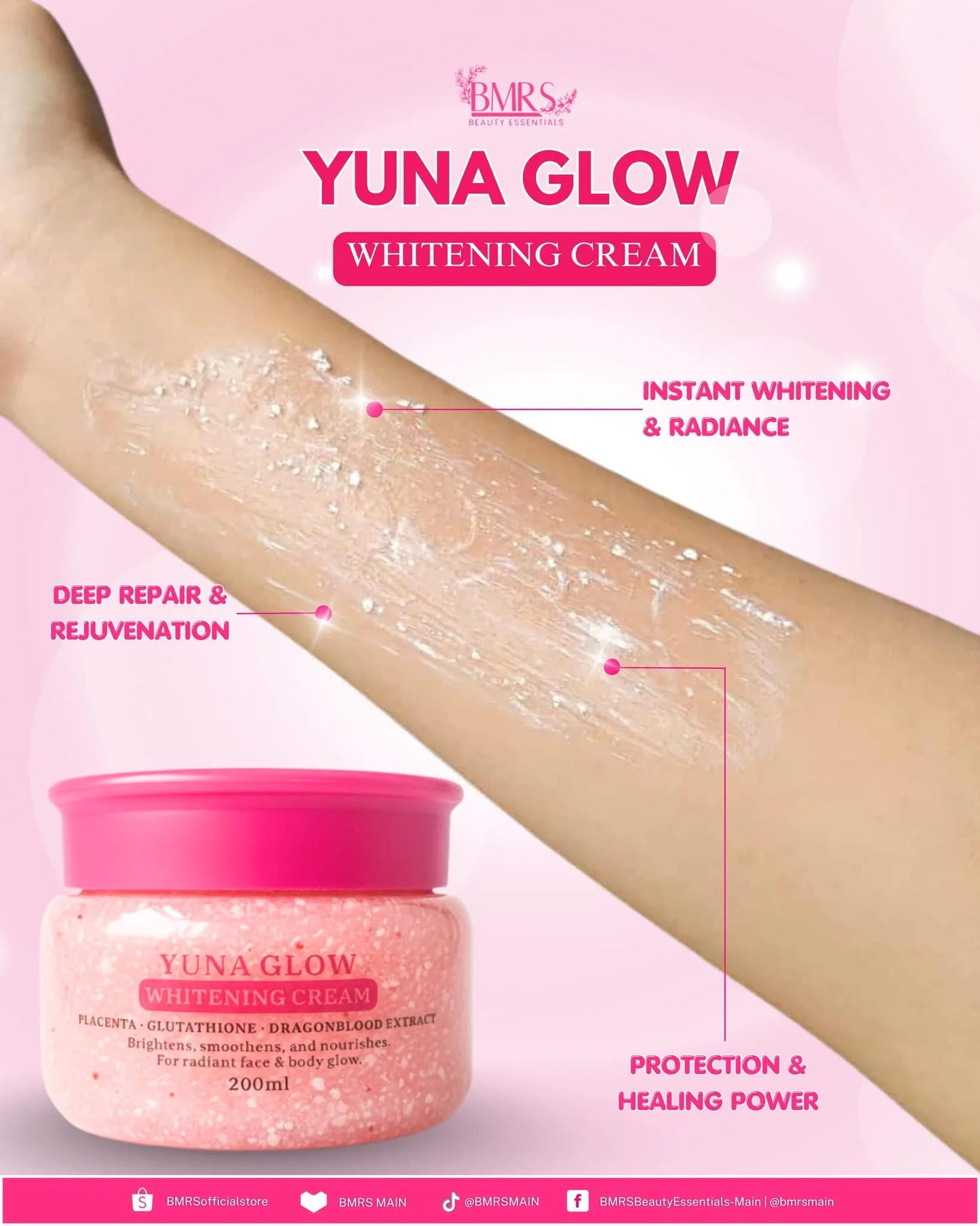 BMRS Yuna Glow Whitening Cream
With Placenta, Glutathione, & Dragon Blood Extract 200ml