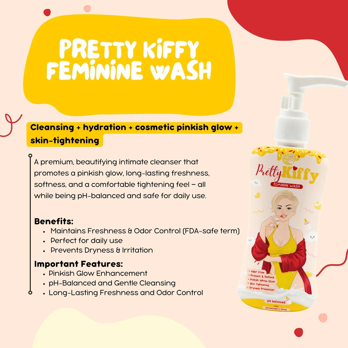 Pretty Kiffy Feminine Wash Pinkish Glow by Pretty Jin - pH Balanced & Gentle-Cleansing 100ml