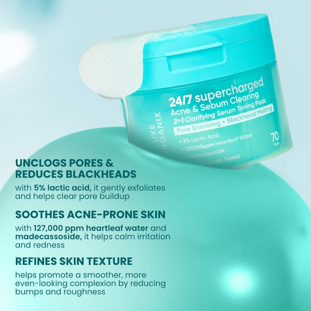 Luxe Organix 24/7 Supercharged Acne & Sebum Melting 2in1 Clarifying Serum Concentrated Pads
(Pore Shrinking + Blackhead Melting)