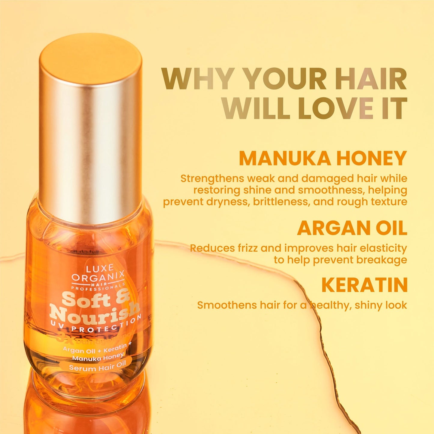 Luxe Organic Soft & Nourish Serum Hair Oil Argan Oil + Keratin + Manuka Honey Damage Repair 60ml