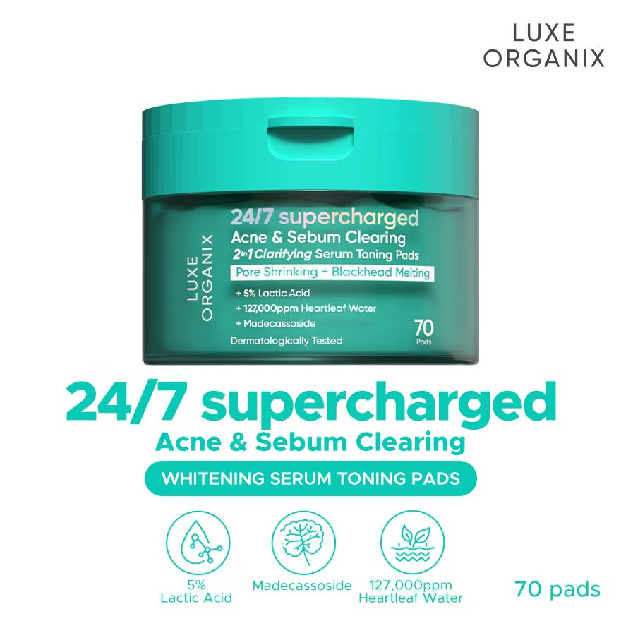 Luxe Organix 24/7 Supercharged Acne & Sebum Melting 2in1 Clarifying Serum Concentrated Pads
(Pore Shrinking + Blackhead Melting)