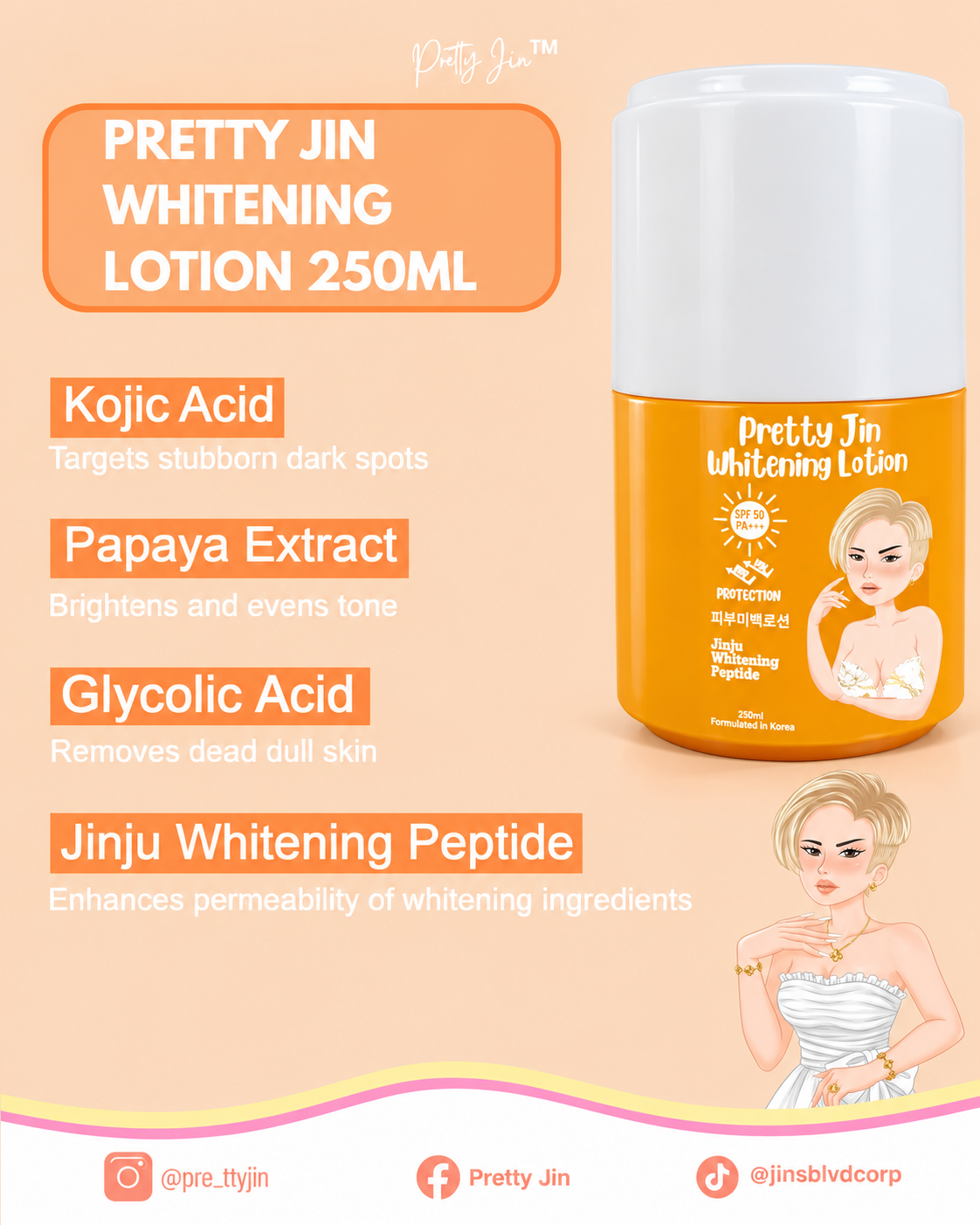 Pretty Jin Whitening Lotion SPF50 PA+++ 250ml