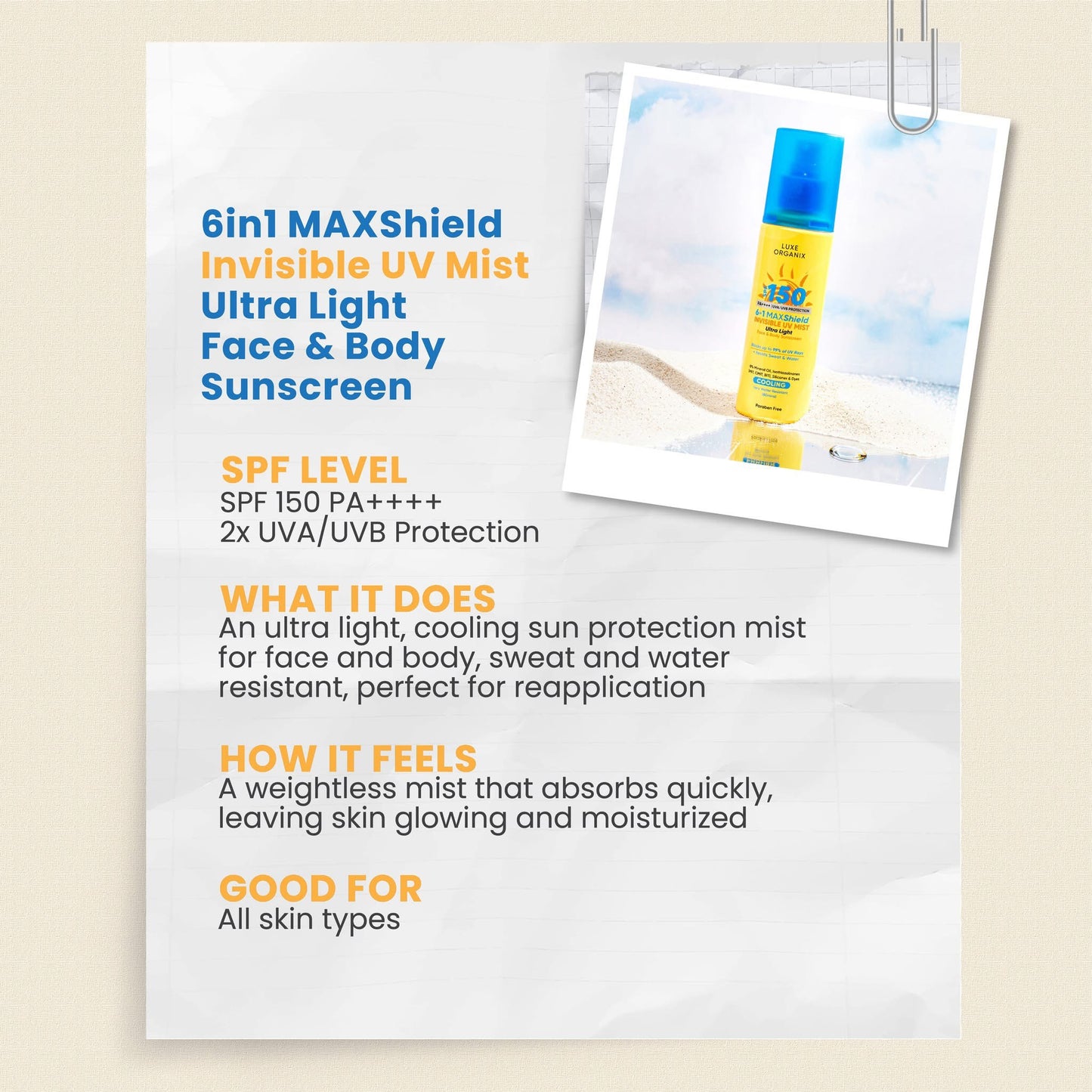 Luxe Organix 6-in-1 MAXShield Active Ultra Sheer Face & Body Invisible UV Mist 90ml