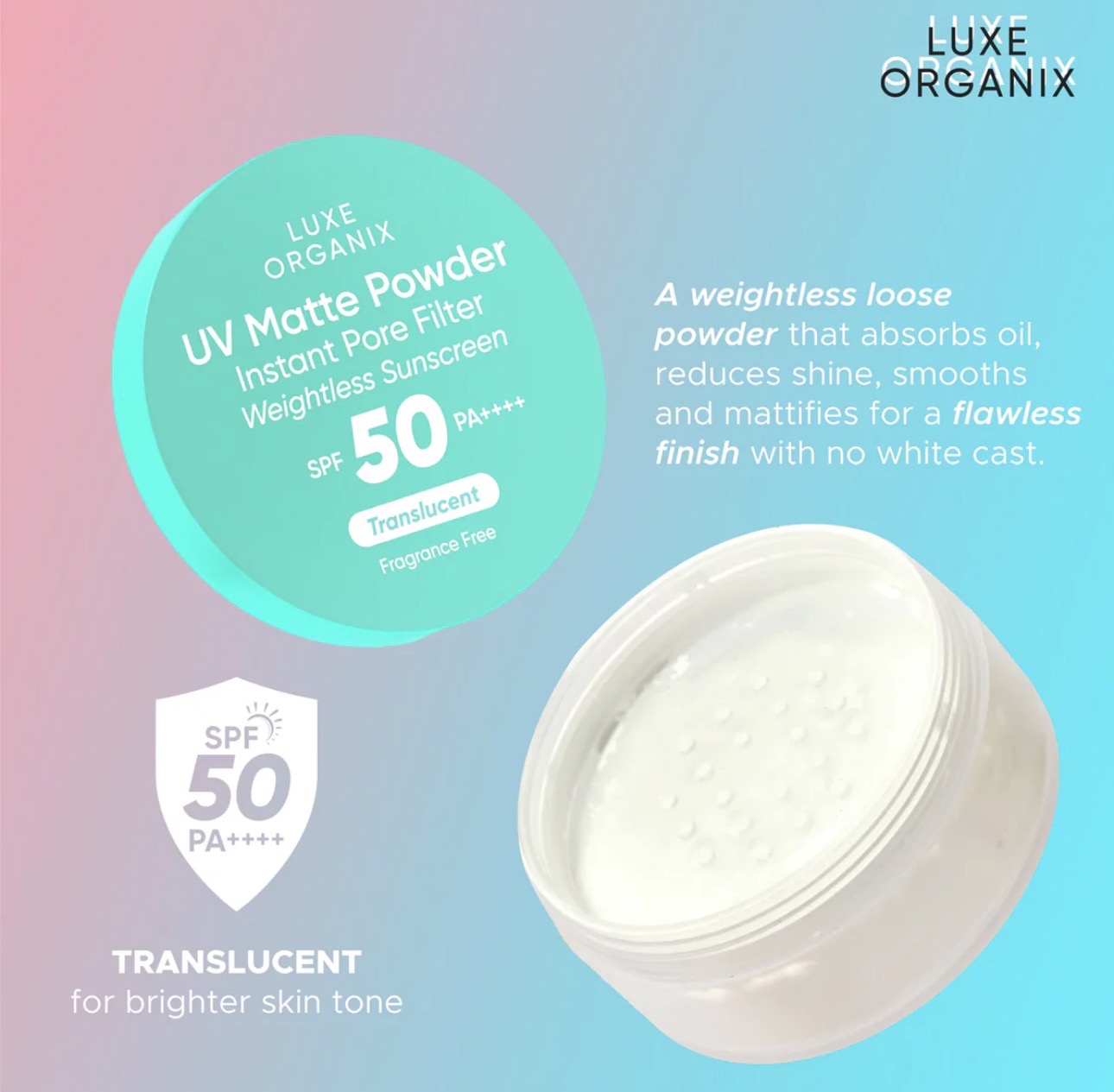 Luxe Organix 24H Zero Sebum Instant Pore Blurring Weightless Matte Powder SPF 50 PA++++ Translucent 15g