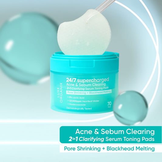 Luxe Organix 24/7 Supercharged Acne & Sebum Melting 2in1 Clarifying Serum Concentrated Pads
(Pore Shrinking + Blackhead Melting)