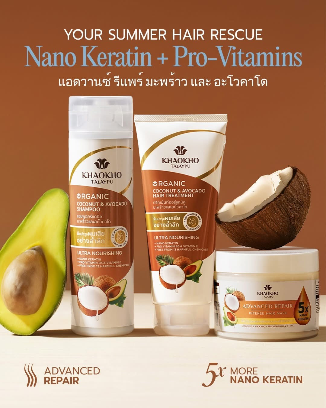 Khaokho Talaypu Coconut Avocado Shampoo (340ml) + Hair Treatment Organic Keratin (290ml) Set