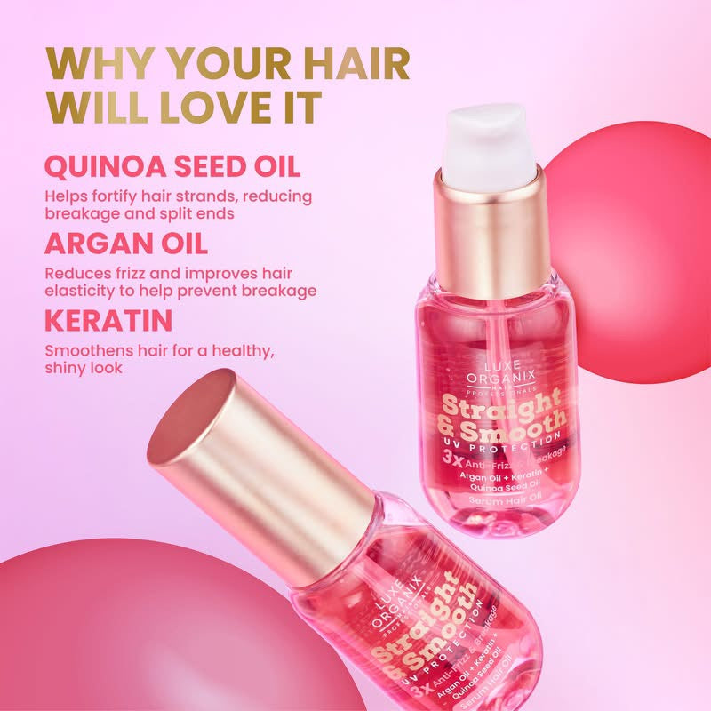 Luxe Organix Straight & Smooth UV Protection 3x Anti-Frizz Argan Oil + Keratin + Quinoa Seed Oil Serum Hair Oil 60ml