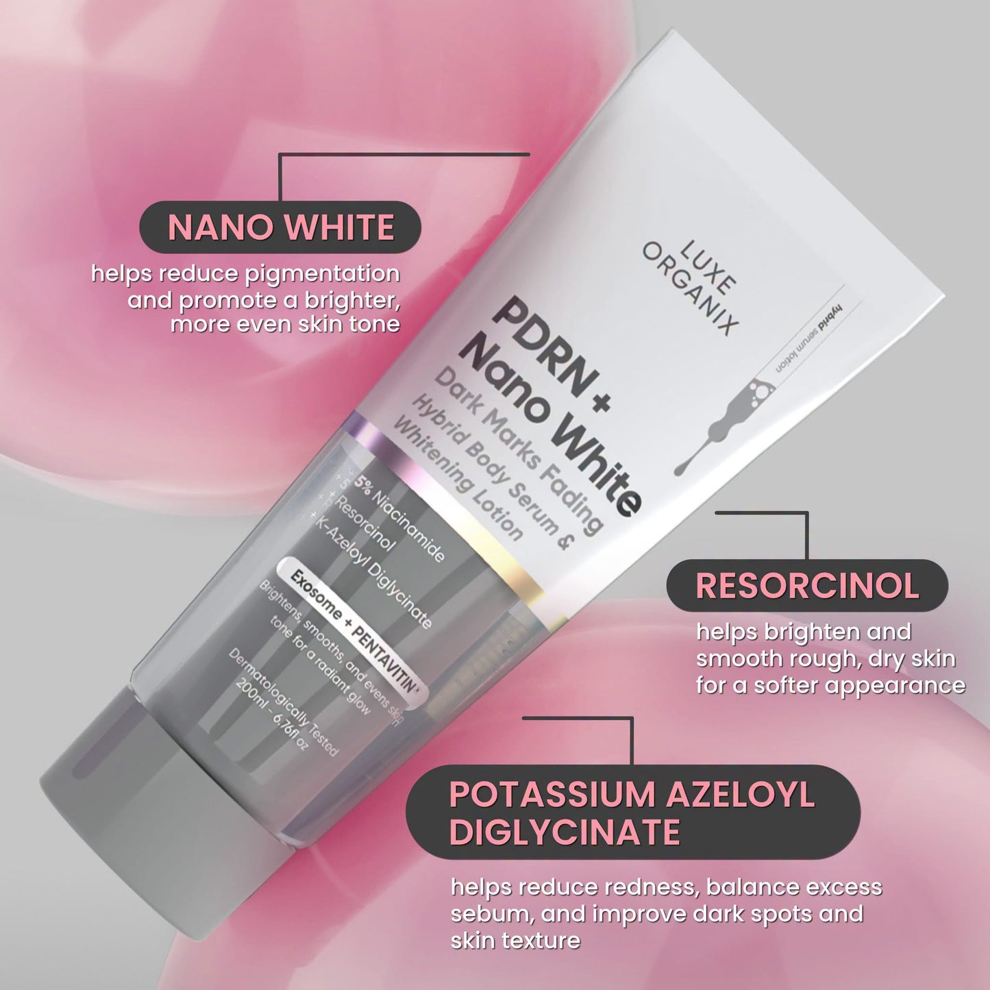 Luxe Organix PDRN + Nano White Dark Marks Fading Hybrid Body Serum & Whitening Lotion 200ml